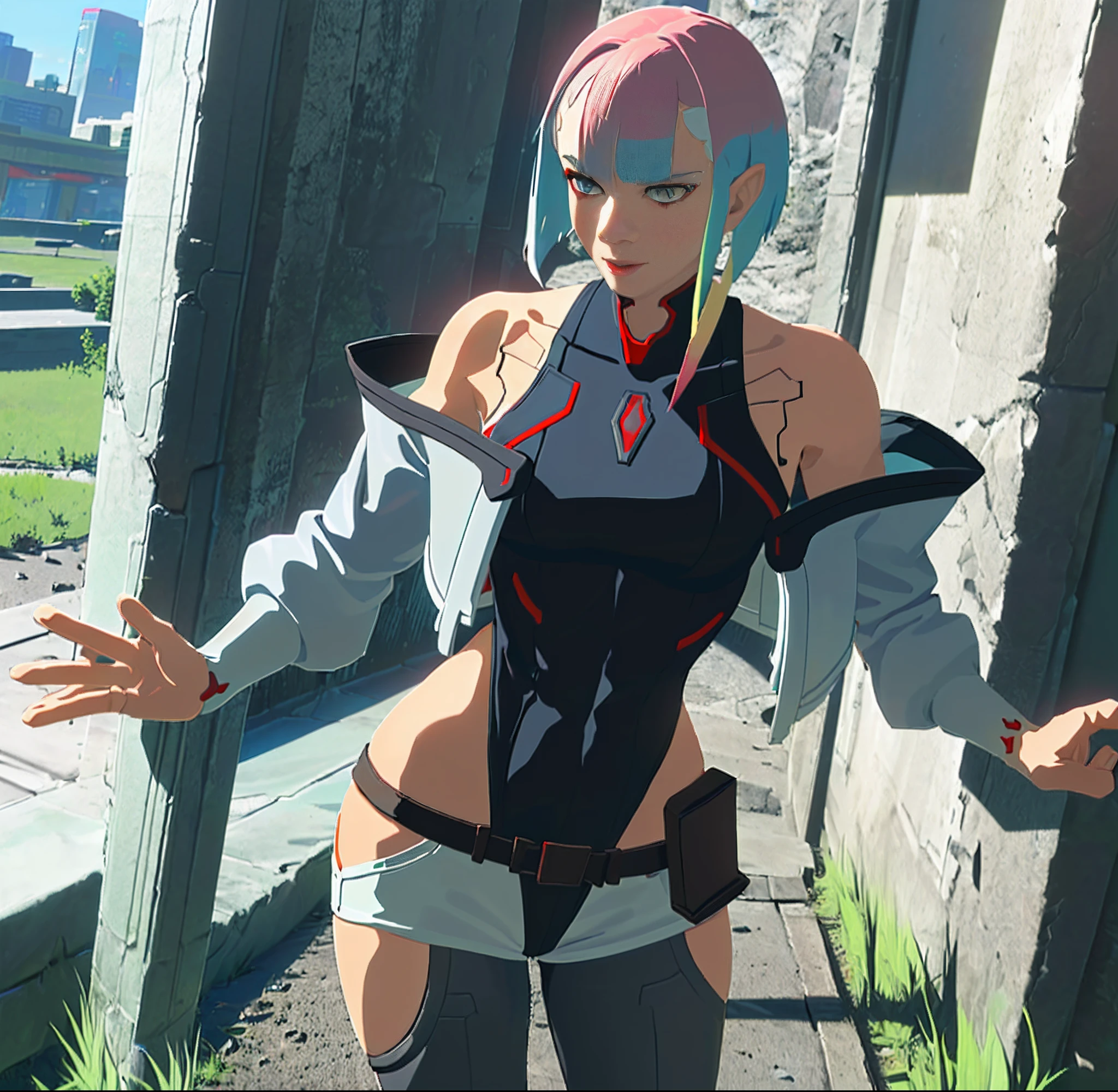 masterpiece, best quality, highres, lu1, cyborg, multicolored hair, makeup, bare shoulders, black leotard, highleg leotard, (thong:1.1), white jacket, open jacket, belt, shorts, cowboy shot, standing, cyberpunk, flower, garden, grass, hand on hip, smile