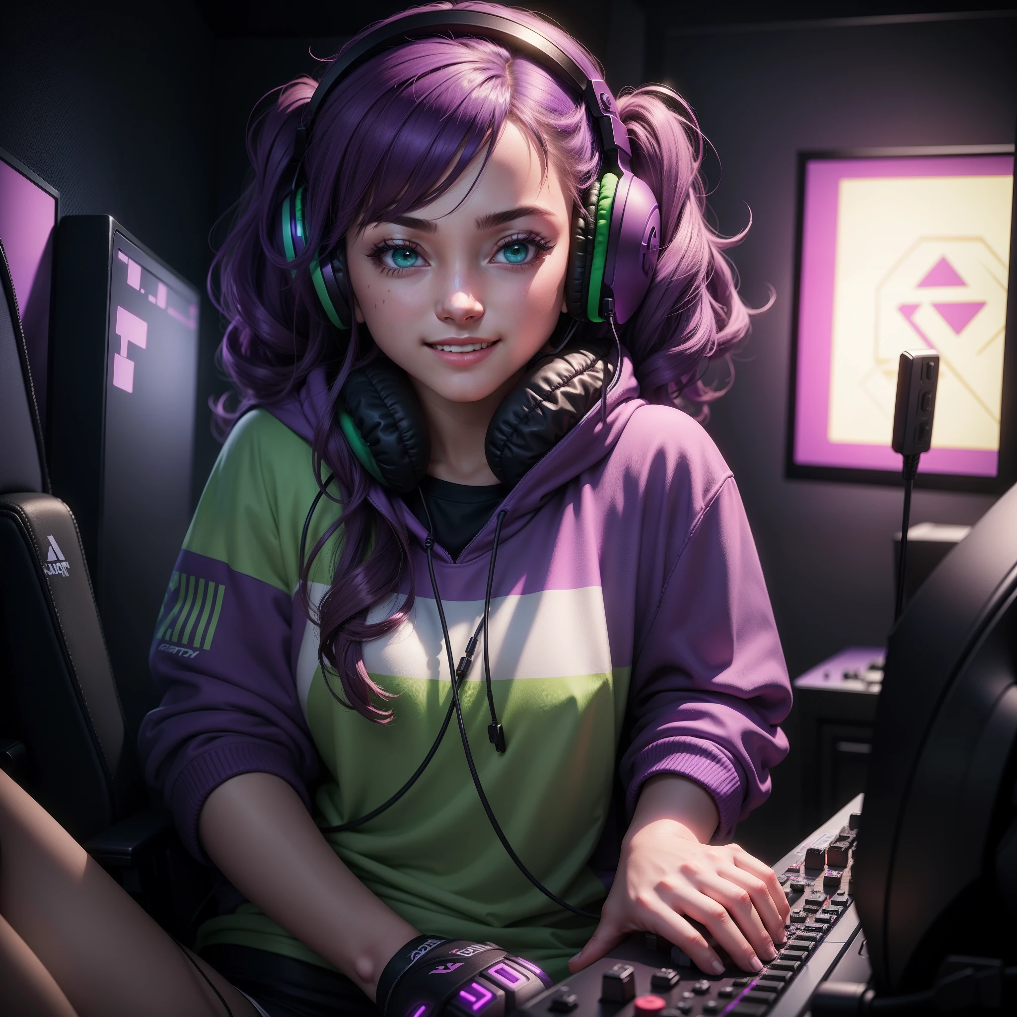 Happy Gamer Girl winning a game while wearing headphones in a dark room with purple and green room lighting setup