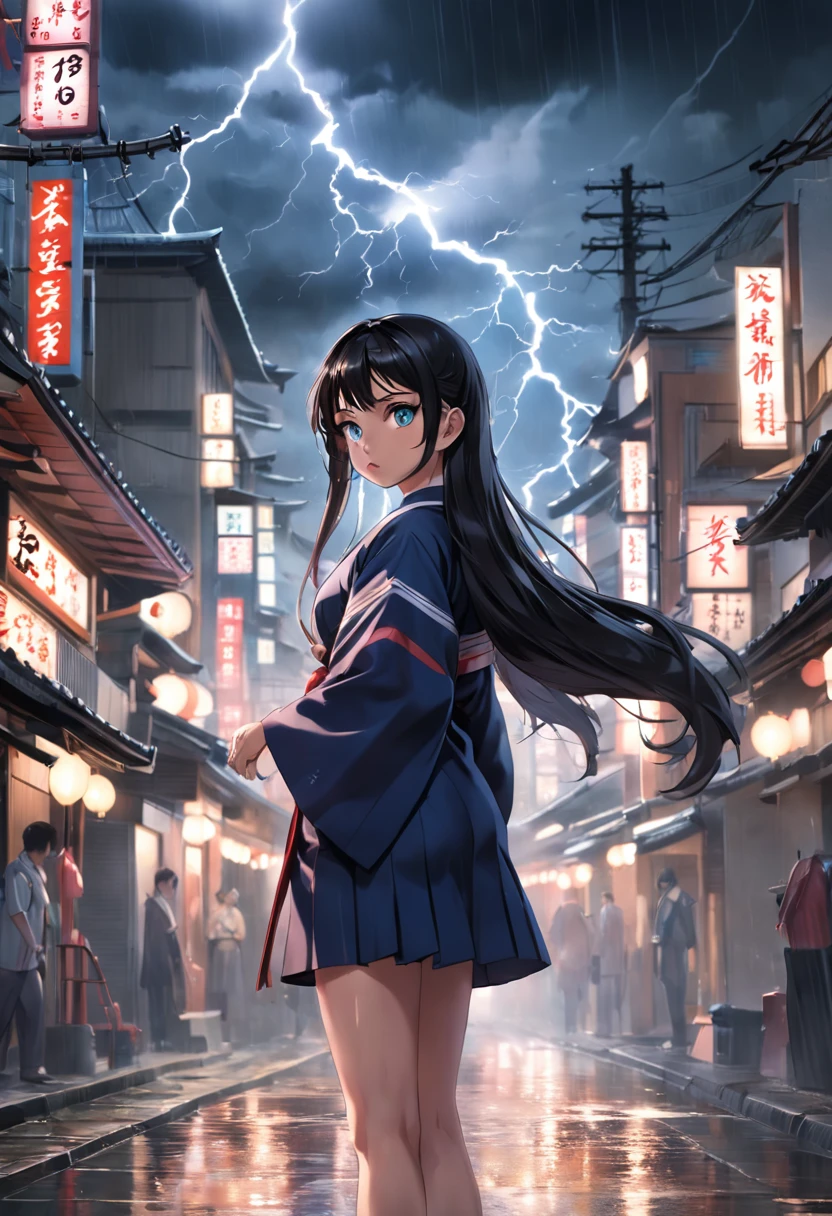 On the edge of a bustling, dull Japanese city , where the city skyline can be seen in the background , a masterful and ultra-realistic candid portrait of a yakuza girl dressed in an old Japanese school uniform from the 40s long straight black that cascade like a waterfall, Her mesmerizing eyes hold the essence of lightning to match her thunderous personality , capturing the essence of retro anime. Every facial feature is rendered with an exceptional level of detail, evoking the clarity and precision of classic 80s anime art. In this portrait, she embodies the spirit of the Sailor Moon style, making it an exquisite homage to the beloved era of retro anime. Photo taken by Eliot Lee with a Nikon Z6 and a prime 85mm lens. Award Winning Photography style, Fine Art, 8K, Ultra-HD, Super-Resolution. --v 5 --q 2