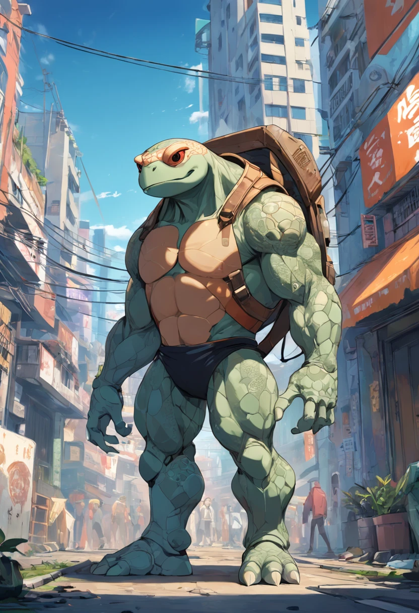 ((foto crua)), ((obra-prima)), Anthropomorphic humanoid turtle wearing modern clothes, capuz, Pants, caminhando furiosamente entre as pessoas, detalhe intrincado, intricate Greebles pieces, city behind, corpo musculoso, muscular arms, small head, Ogro monstruoso, Titan, sneaker, soft-lighting, 32k, Hiper realista, The background details are exquisite，The scene is surreal，Create a charming graphic style