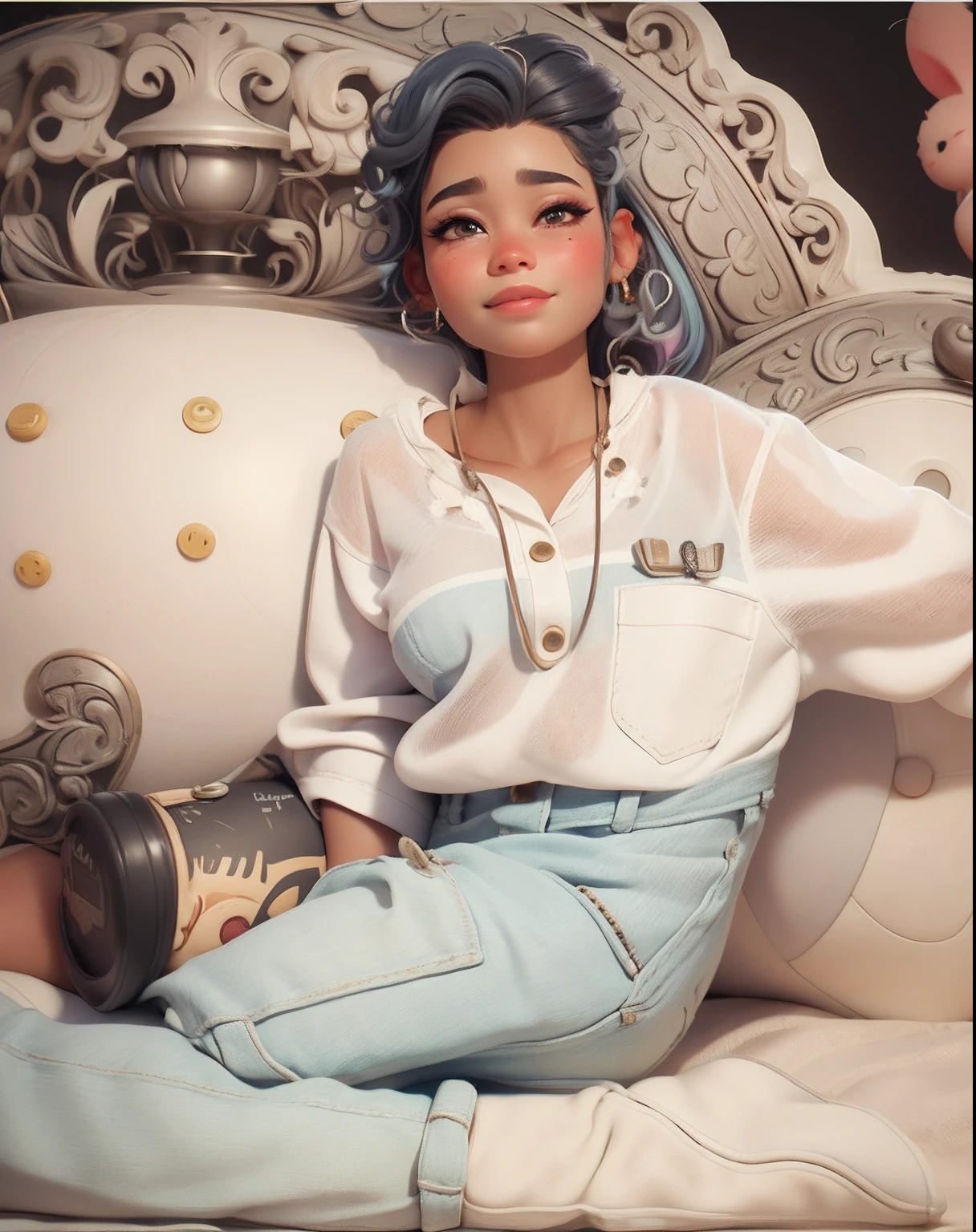 Create a series of cute black dread dolls baby chibi style with a cute travel theme, each with lots of detail and in an 8K resolution. All dolls should follow the same solid background pattern and be complete in the image, mostrando o (corpo inteiro, incluindo as pernas: 1.5)
Boneca Mini viajante: Chame-a de Marina. Ela deve ter cabelo pequeno em tom multicolorido. Seus olhos devem ser grandes e expressivos, with long eyelashes and rosy cheeks. Sorriso delicado e branco. Marina must be dressed in overalls, sun glasses, Uma camisa, Camiseta, She must carry travel accessories and a suitcase. Certifique-se de adicionar detalhes nas roupas, such as buttons and pockets, sapato bonito
Certifique-se de adicionar sombras, texturas e detalhes nos cabelos, roupas, Travel utensils, to make them even more adorable and charming.
