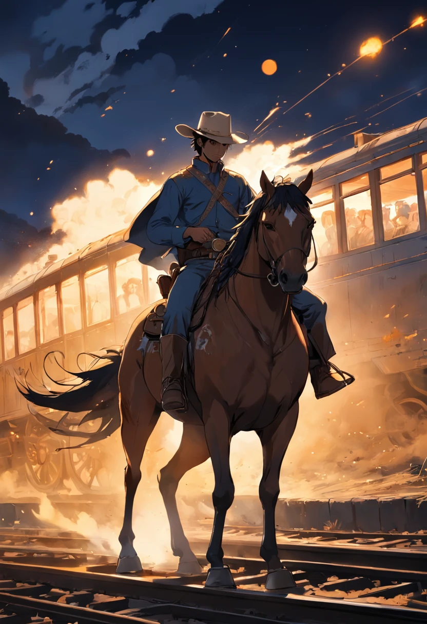 There is a man on a horse in front of a moving train, Andar a cavalo na lua, Vaqueiro, Cowboy na Faixa, Foto traseira de um cowboy, No Velho Oeste, O Cowboy no Estranho Oeste, Velho Oeste, Lone guard, sonho de vaqueiro, quadrinhos ocidentais inspirados, lonely rider, Directed by: Cíntia Wright, space western, Fotografia Moonwalker
