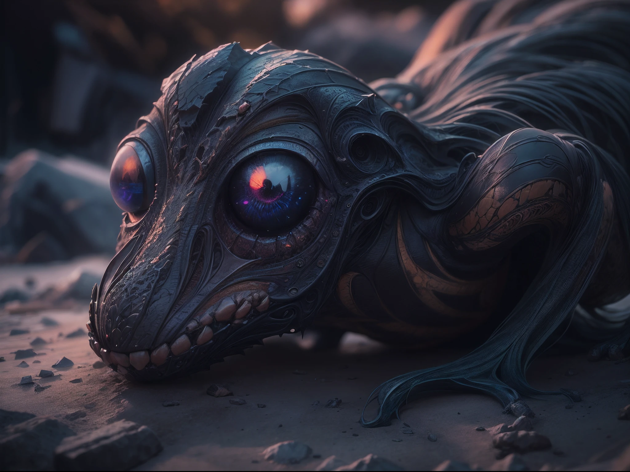 RAW,Retina,full body length,Obsidian Chalsedoon Nightcrawler,ominous landscape, niobium Obsidian atmosphere,dangerous atmosphere,intricate details,realistic humid skin,extremely intricate details,Epic Realistic, cinematic style,film grain,dramatic light,anatomically correct,faded,eyes extremely detailed, high detailed eyes,UHD,Retina,HDR,Cinematic,soft colors, Technicolor,natural skin textures, hyper realism,textured skin, hyper detailed,High contrast,Realism,Ultra Detailed,irina yermolova,close full body shot, masterpiece,faded,8k resolution,RAW, Nikon Z9,The Alien Entity,sunset,Vaadhoo Island of Maldives,Rakotzbrücke of Germany