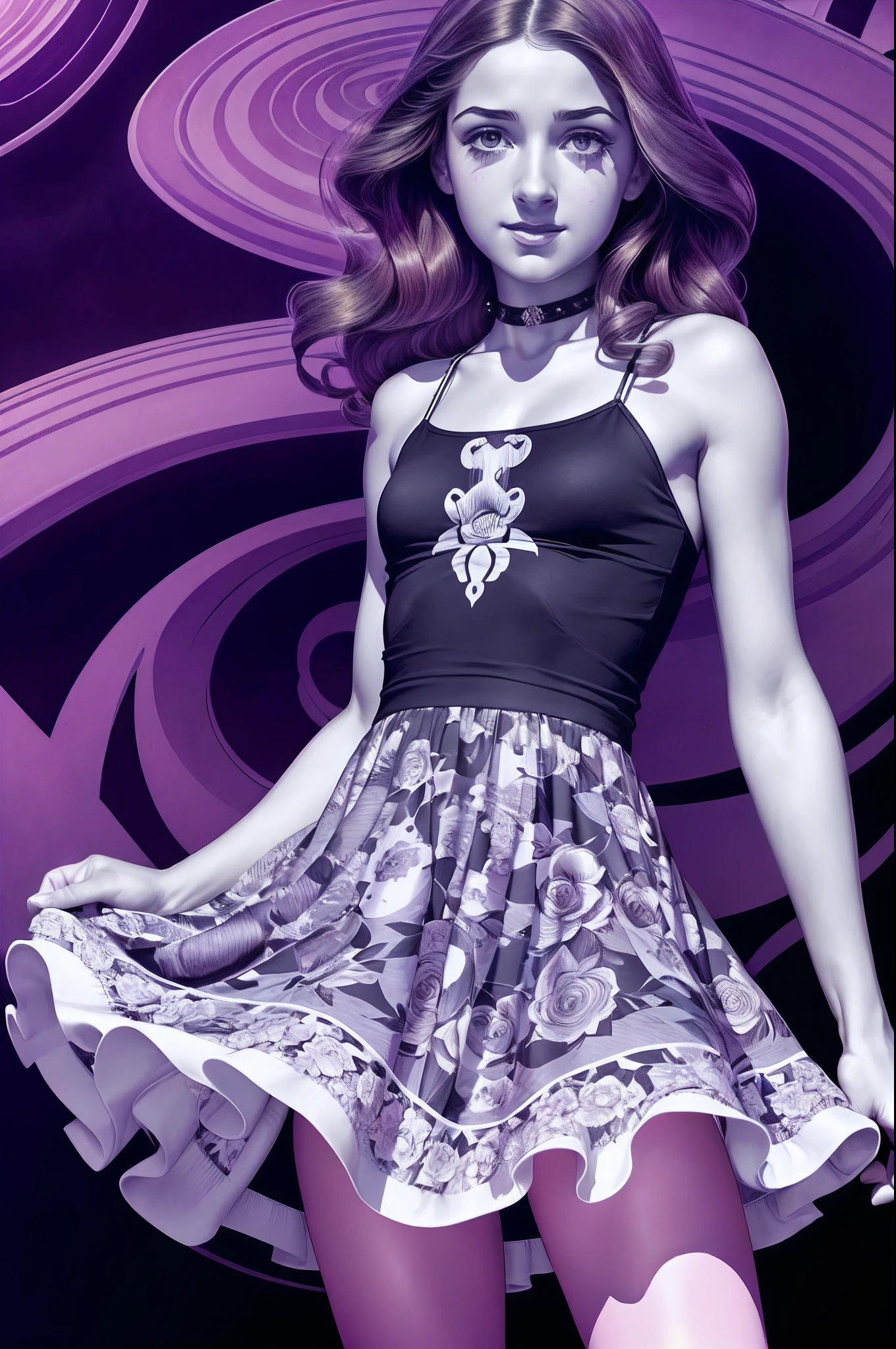 (Best Quality, tmasterpiece:1,1), young Yasmin Wagner in a short sundress and floral leggings, A satisfied look ,((Стиль Austin-Briggs)), improvisation, Detailed Illustration, grotesque, Complicated details, chilling, (aesthetics), excitement, Hyper-realistic, insanely detailed,