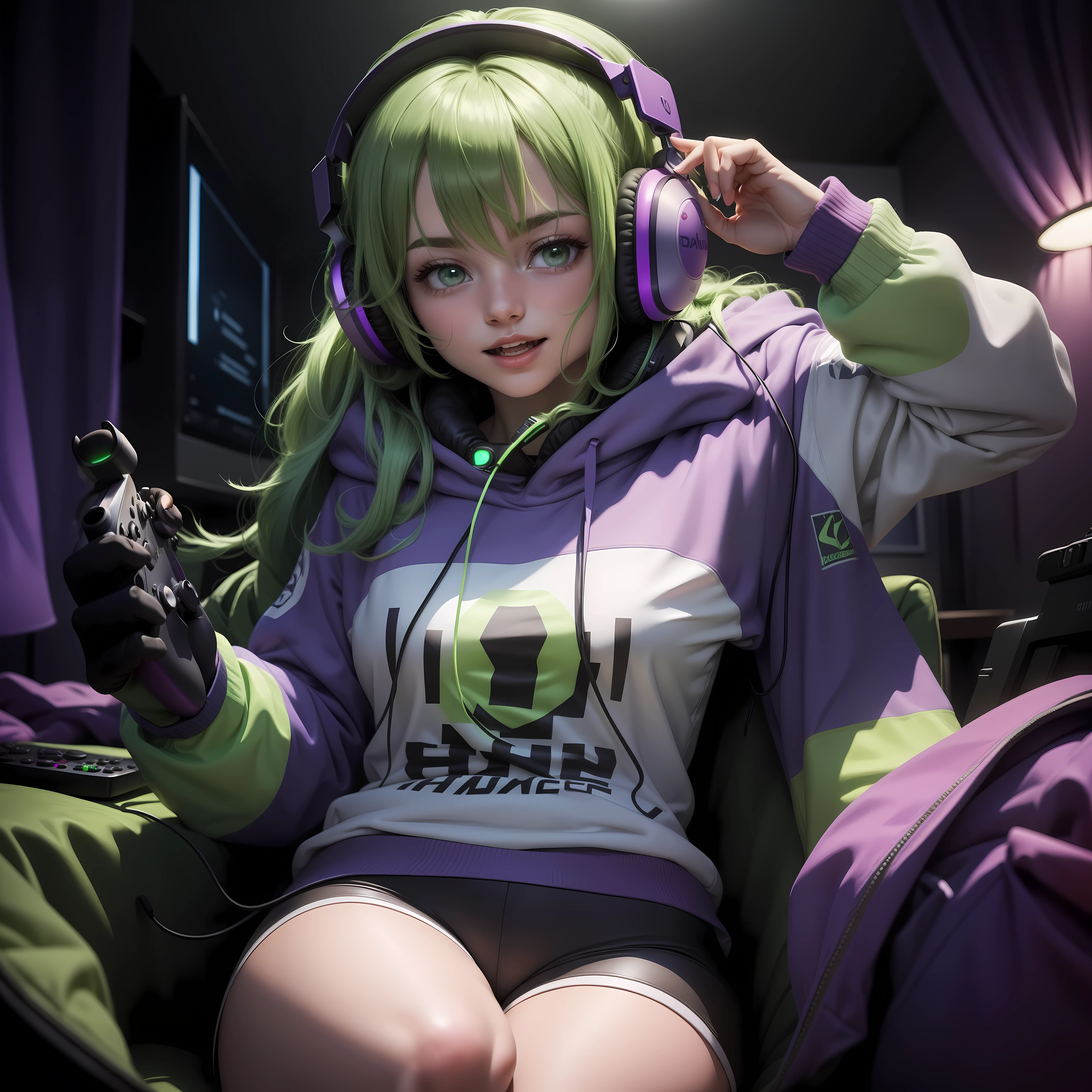 Happy Gamer Girl winning a game while wearing headphones and a controller in a dark room with dim purple and green room lighting setup.