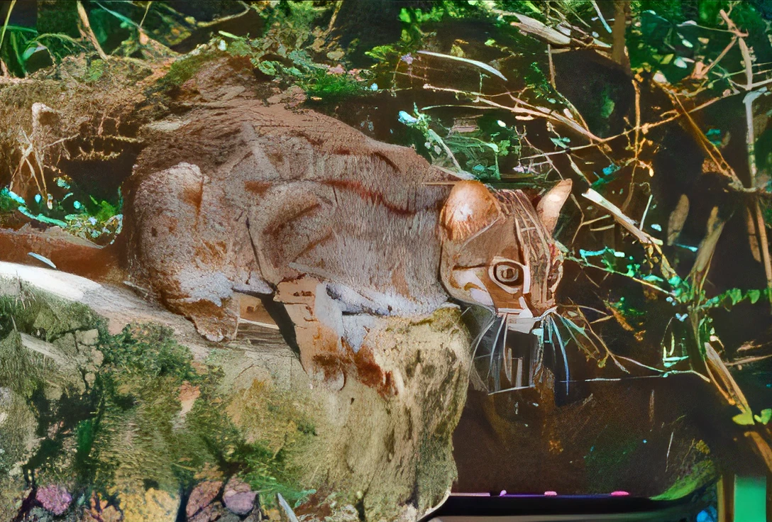 There is a cat sitting on a rock in the forest, tabaxi male, tabaxi, Sand Cat, Broad shoulder, Hisashi, margay, Someone, cat photo, tabaxi monk, Cat in the forest, The strangest hybrid animals, tabaxi :: lotr, a picture」, catss, Endangered