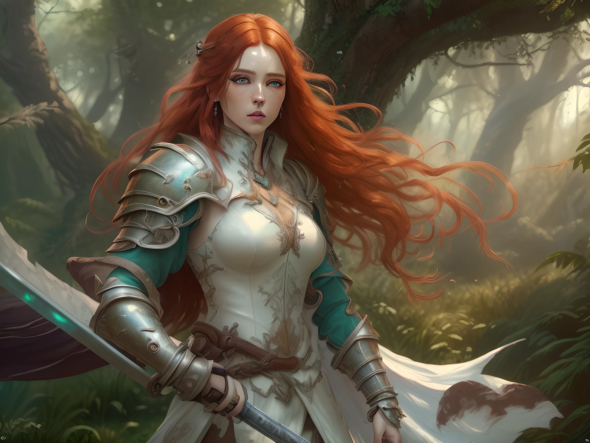 a picture of woman paladin of nature protecting the forest, controlling magical plants, tanjoreai, a woman holy knight, protector of nature, red hair, long hair, full body (best details, Masterpiece, best quality :1.5), ultra detailed face (best details, Masterpiece, best quality :1.5), ultra feminine (best details, Masterpiece, best quality :1.5), red hair, long hair, braided hair, pale skin, blue eyes, intense eyes, wearying heavy armor, white armor (best details, Masterpiece, best quality :1.5), green cloak, flowing cloak, armed with a sword, glowing sword, fantasy forest background, D&D art, RPG art, magical atmosphere magic-fantasy-forest, ultra best realistic, best details, best quality, 16k, [ultra detailed], masterpiece, best quality, (extremely detailed), ultra wide shot, photorealism, depth of field, hyper realistic painting