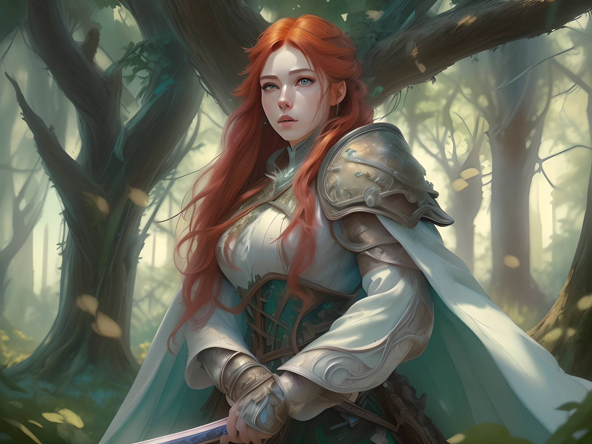 a picture of woman paladin of nature protecting the forest, controlling magical plants, tanjoreai, a woman holy knight, protector of nature, red hair, long hair, full body (best details, Masterpiece, best quality :1.5), ultra detailed face (best details, Masterpiece, best quality :1.5), ultra feminine (best details, Masterpiece, best quality :1.5), red hair, long hair, braided hair, pale skin, blue eyes, intense eyes, wearying heavy armor, white armor (best details, Masterpiece, best quality :1.5), green cloak, flowing cloak, armed with a sword, glowing sword, fantasy forest background, D&D art, RPG art, magical atmosphere magic-fantasy-forest, ultra best realistic, best details, best quality, 16k, [ultra detailed], masterpiece, best quality, (extremely detailed), ultra wide shot, photorealism, depth of field, hyper realistic painting, 3D rendering