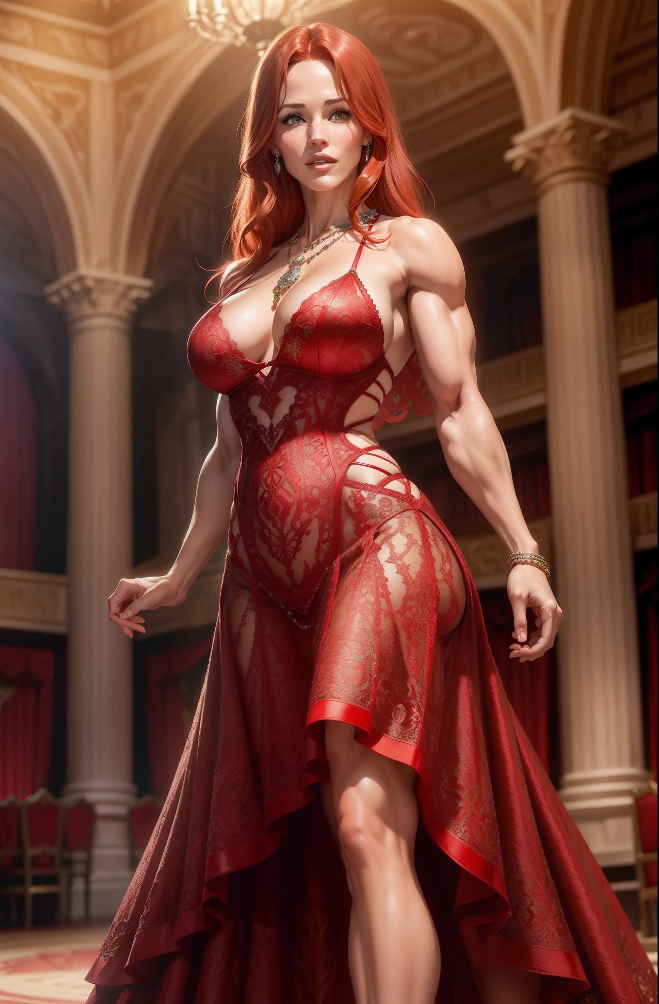 Jennifer Garner in a red and black intricate lace evening dress, ((red hair)), ((defined muscles)), ((athletic build)), lots of cleavage, thigh showing, underwear showing, ((in an ancient castle ballroom)), ((intricate diamond necklace)), ((Very colorful background))