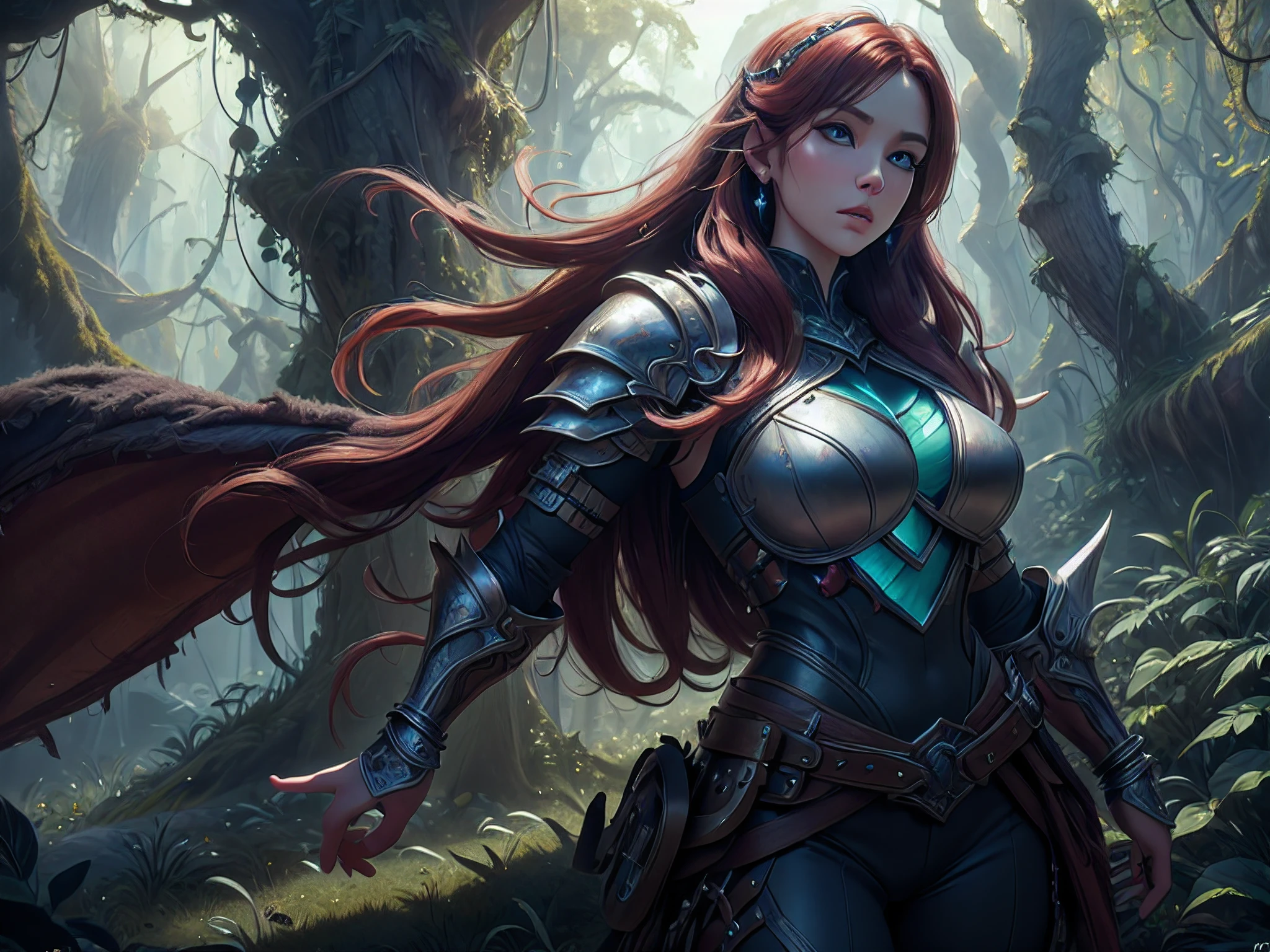 a picture of woman paladin of nature protecting the forest, controlling magical plants, tanjoreai, a woman holy knight, protector of nature, red hair, long hair, full body (best details, Masterpiece, best quality :1.5), ultra detailed face (best details, Masterpiece, best quality :1.5), ultra feminine (best details, Masterpiece, best quality :1.5), red hair, long hair, braided hair, pale skin, blue eyes, intense eyes, wearying heavy armor, white armor (best details, Masterpiece, best quality :1.5), green cloak, flowing cloak, armed with a sword, glowing sword, fantasy forest background, D&D art, RPG art, magical atmosphere magic-fantasy-forest, ultra best realistic, best details, best quality, 16k, [ultra detailed], masterpiece, best quality, (extremely detailed), ultra wide shot, photorealism, depth of field, hyper realistic painting, 3D rendering