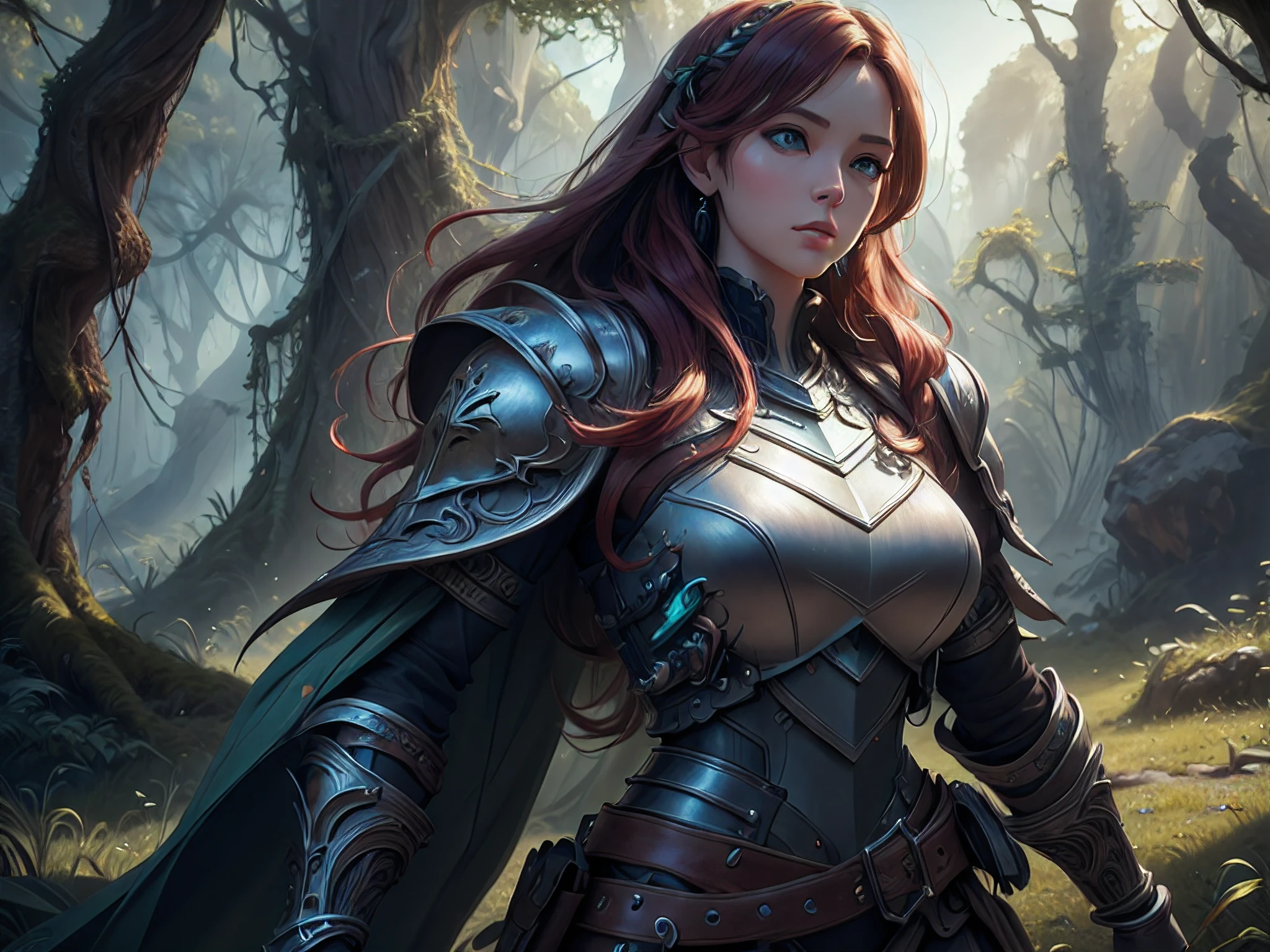 a picture of woman paladin of nature protecting the forest, controlling magical plants, tanjoreai, a woman holy knight, protector of nature, red hair, long hair, full body (best details, Masterpiece, best quality :1.5), ultra detailed face (best details, Masterpiece, best quality :1.5), ultra feminine (best details, Masterpiece, best quality :1.5), red hair, long hair, braided hair, pale skin, blue eyes, intense eyes, wearying heavy armor, white armor (best details, Masterpiece, best quality :1.5), green cloak, flowing cloak, armed with a sword, glowing sword, fantasy forest background, D&D art, RPG art, magical atmosphere magic-fantasy-forest, ultra best realistic, best details, best quality, 16k, [ultra detailed], masterpiece, best quality, (extremely detailed), ultra wide shot, photorealism, depth of field, hyper realistic painting, 3D rendering