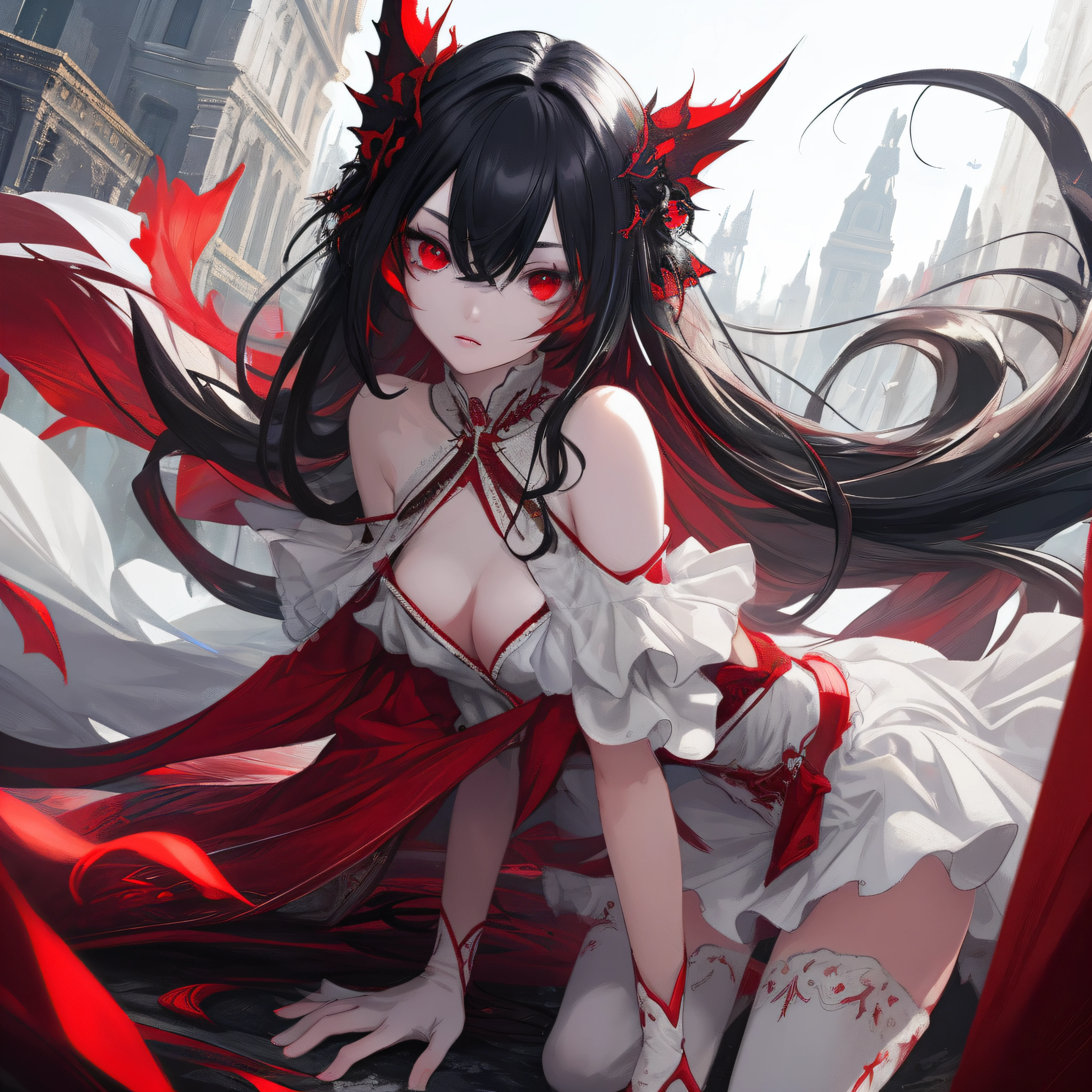 vibrant colors, girl, masterpiece, sharp focus, best quality, depth of field, cinematic lighting, detailed outfit, perfect eyes, red eyes, black hair, very long hair, outdoors, white legwear, bare shoulders, clothes beasts, white and red outfit, white and red theme