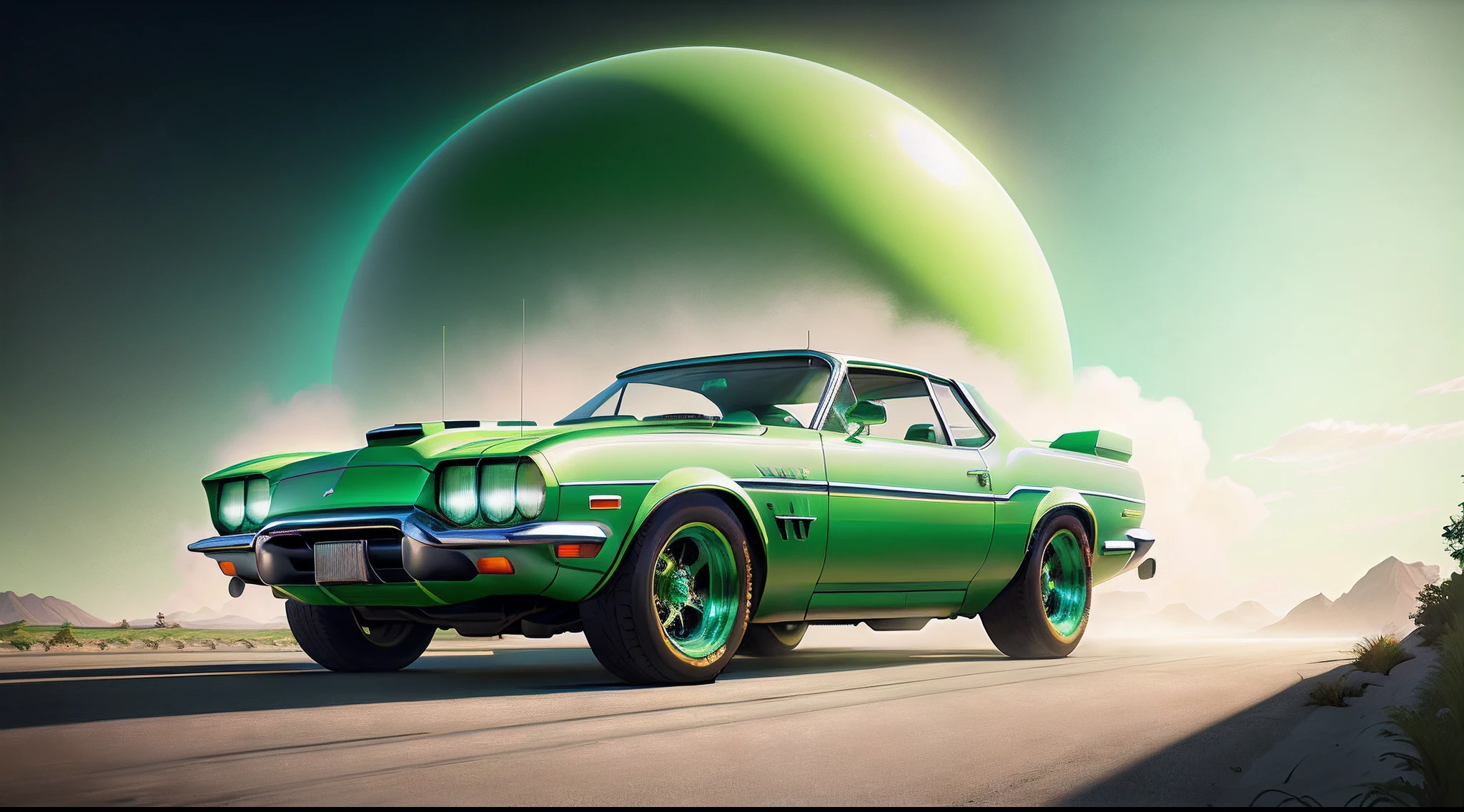 painting of a classic car in a green and white color, an airbrush painting inspired by Mike Winkelmann, trending on polycount, retrofuturism, stylized digital illustration, highly detailed hyper real retro, stylized digital art, in style of cyril rolando, cinema 4d colorful render, art deco outrun anime aesthestic, colorful vivid octane render