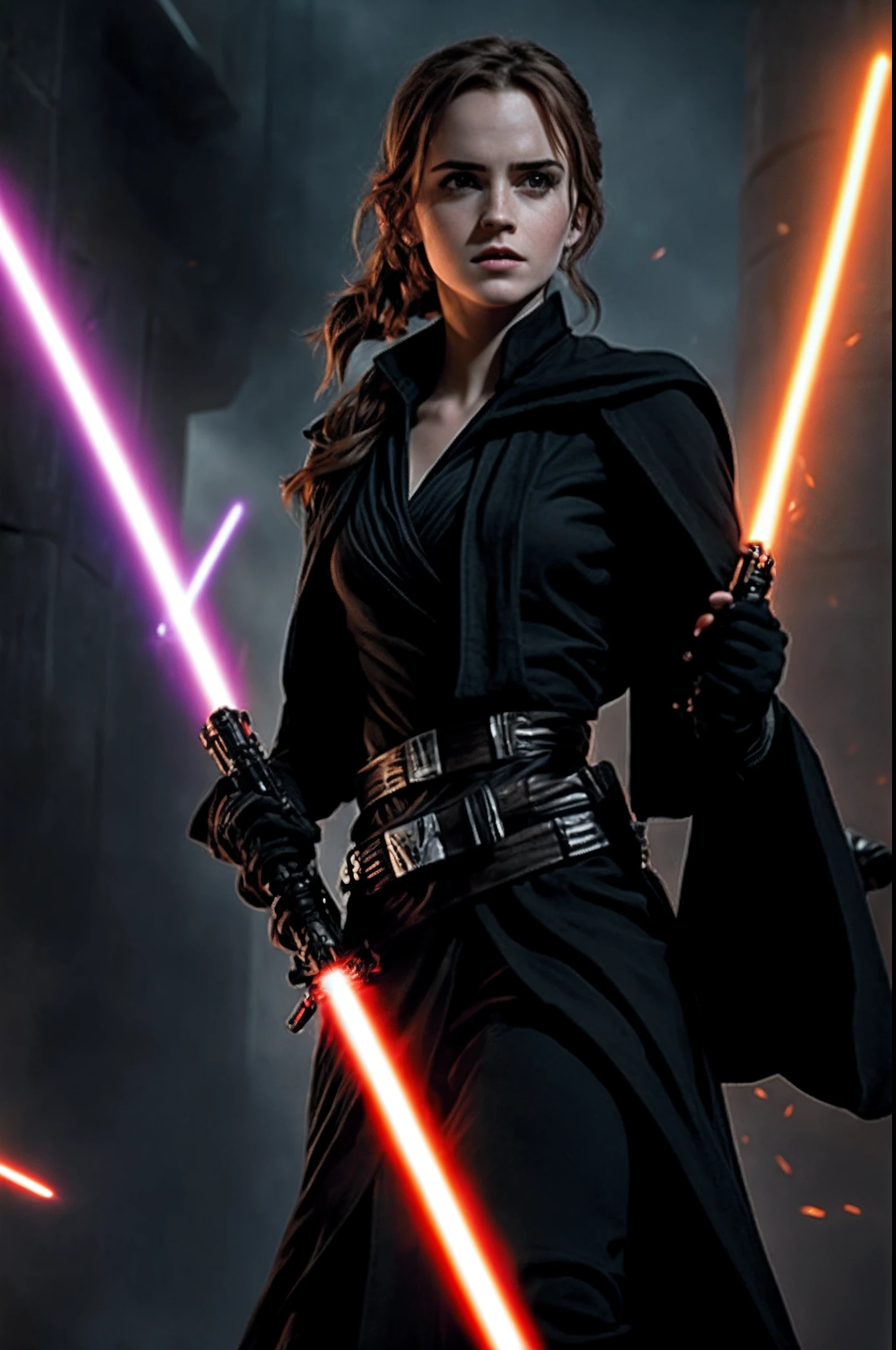 arafed woman in a black dress holding two lightsabents, mara jade skywalker, jaina solo, emma watson in star wars, wearing black sith uniform, sith, female jedi, with lightsaber sword, wojtek fus, with light-saber, mara jade, without lightsaber, star wars character, holding a lightsabre. splash art