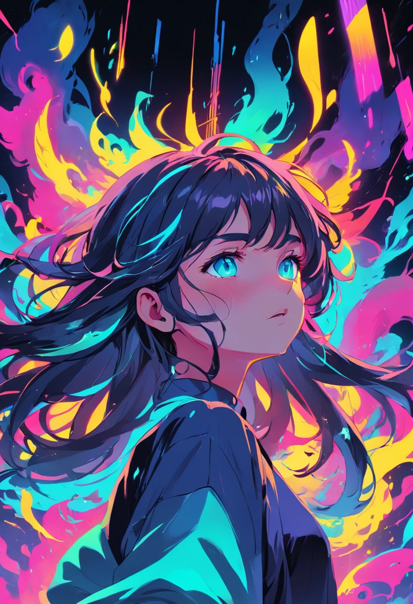 cores neon, Cartoon style illustration of a woman as she sees the world while experiencing hallucinations, chapado, arte splash, salpicou cores neon, Neon Glowy Smoke) efeitos de movimento, best quality, Arte do papel de parede, UHD, Imagem centralizada, ((cores planas)), (Estilo Cel-shading) cores neon muito vibrantes, imagem extremamente saturada (saturation 10) arte forrada a tinta, linhas em negrito