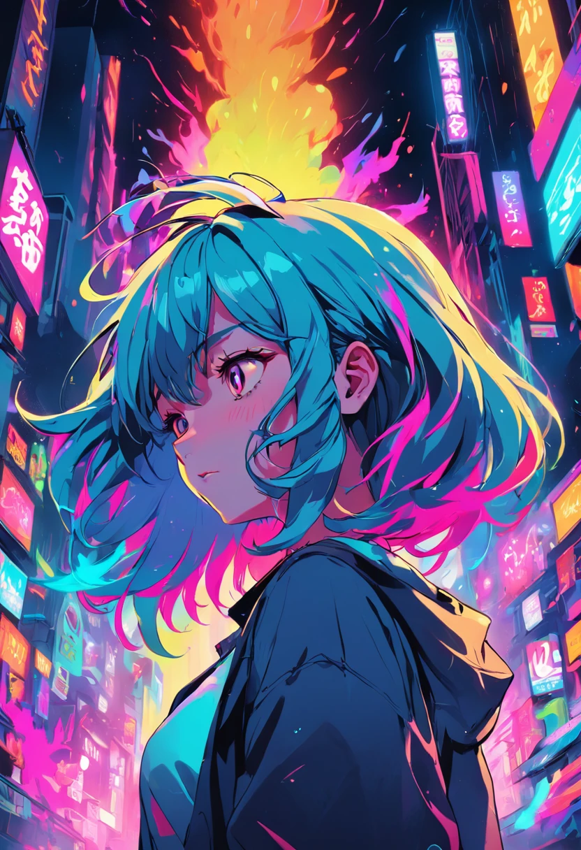 cores neon, Cartoon style illustration of a woman as she sees the world while experiencing hallucinations, chapado, arte splash, salpicou cores neon, Neon Glowy Smoke) efeitos de movimento, best quality, Arte do papel de parede, UHD, Imagem centralizada, ((cores planas)), (Estilo Cel-shading) cores neon muito vibrantes, imagem extremamente saturada (saturation 10) arte forrada a tinta, linhas em negrito