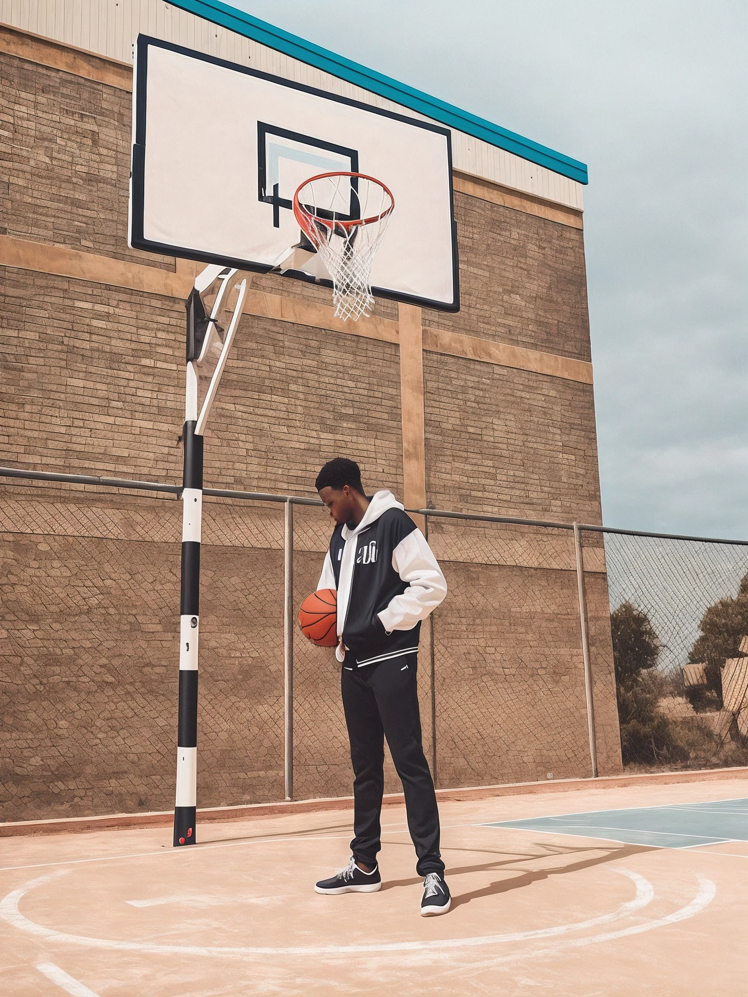 there is a man standing on a basketball court holding a basketball, playing basketball, shot on iphone 1 3 pro max, from then on a basketball, shot on canon eos r 5, shot on canon eos r5, dunking, shot on iphone 1 3 pro, shot on sony a 7, trending on dribble, shot on sony a 7 iii