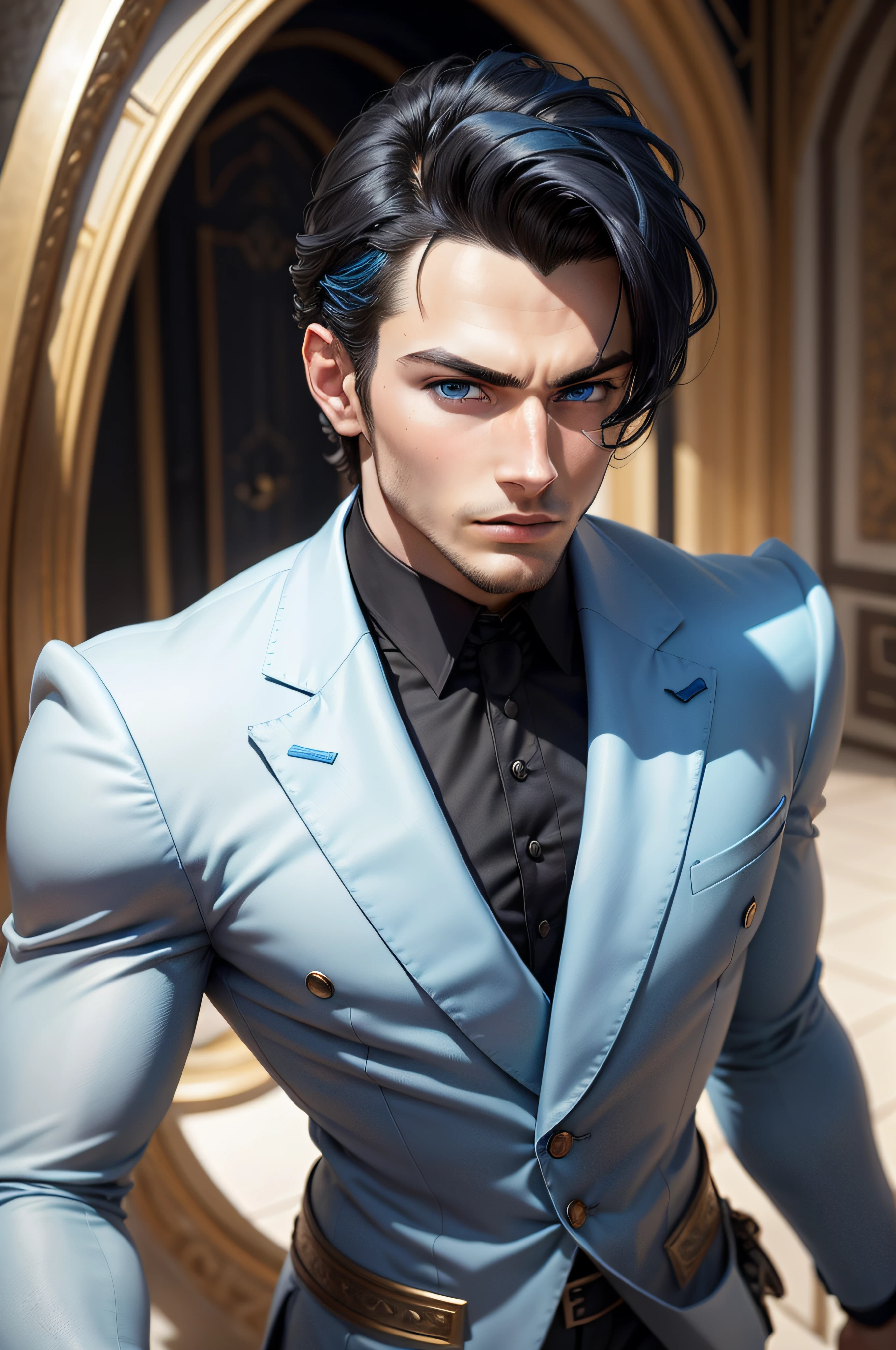a close up of a marble sculpture Man in his 20s, elegant, angular face, very masculine and attractive, (((surreal bright blue eyes))), black hair combed back, slightly stubble, bodybuilder a medieval Greek setting . in a tailored suit