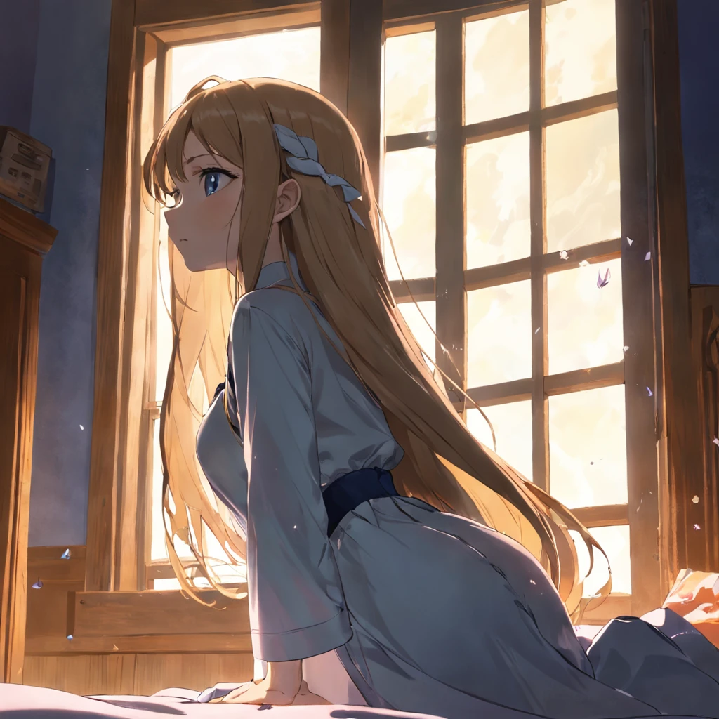 Morning，Sunlight shines into the house，A girl with long flowing hair，tmasterpiece：1.3，Clear focus：1.2，Big breasted 1.7，Leaning against the window，Looking out the window，Blue sky，There are a lot of white clouds，There was a wind blowing outside，Summer leaves flutter in the wind。
