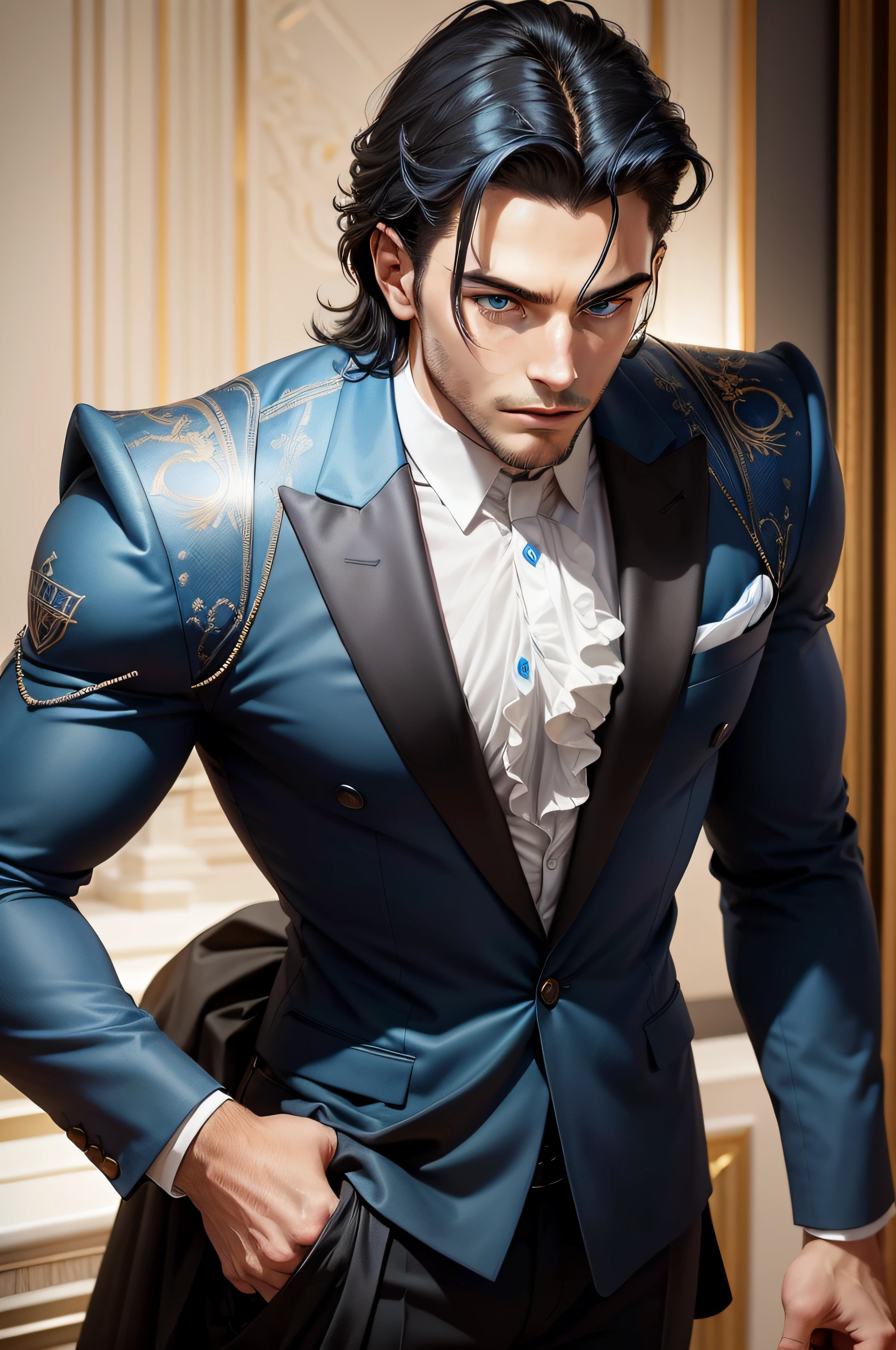 a close up of a marble sculpture Man in his 20s, elegant, angular face, very masculine and attractive, (((surreal bright blue eyes))), black hair combed back, slightly stubble, bodybuilder a medieval Greek setting . in a tailored suit