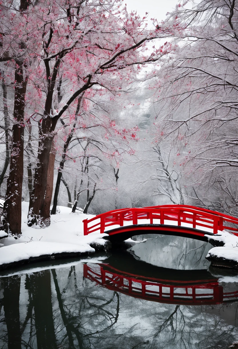 arvores de laranjeiras rosas, inverno com muita neve, Gorgeous botanical garden with a red bridge that passes over a frozen pond towards a Japanese-style wooden solarium