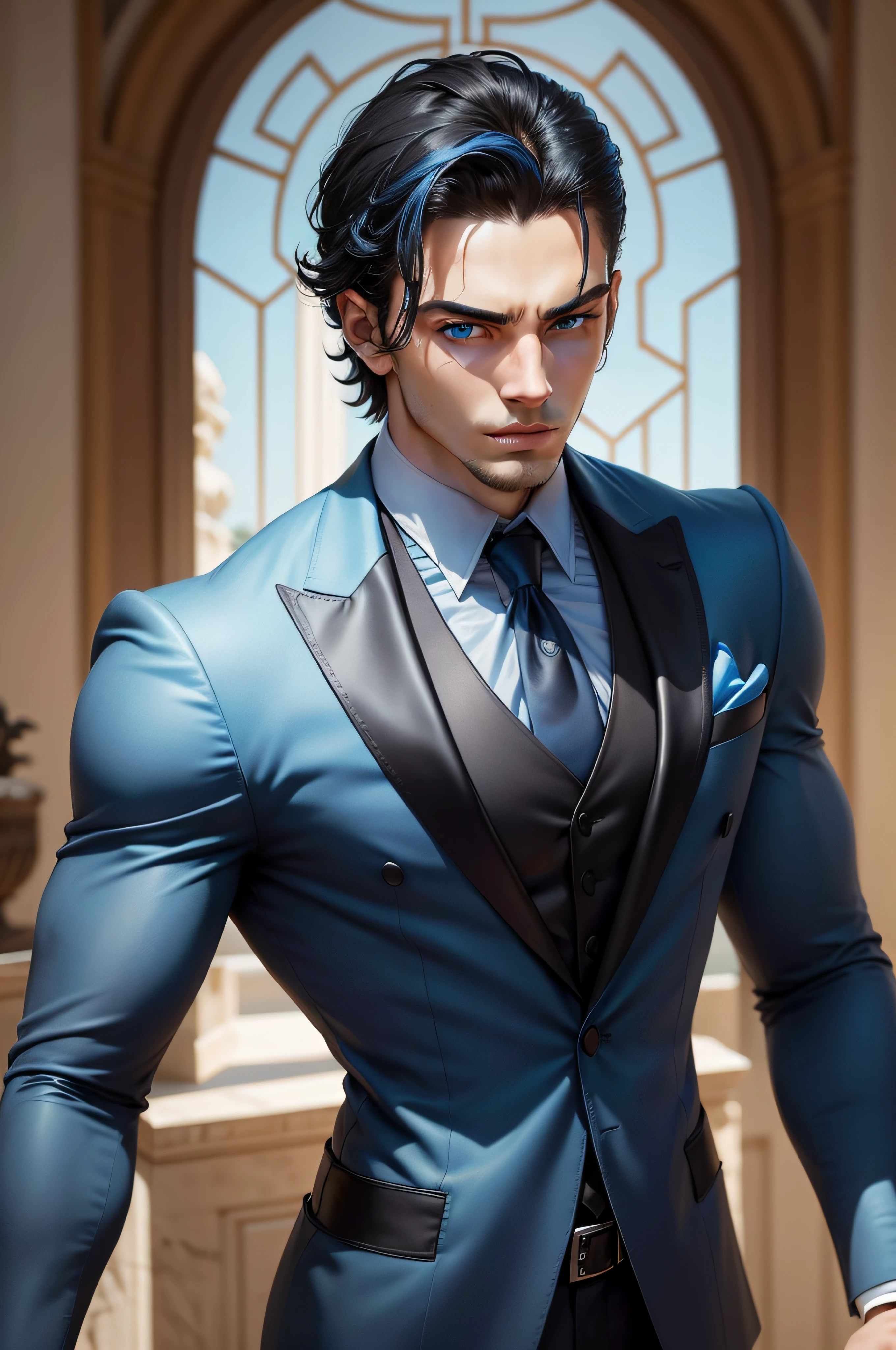 a close up of a marble sculpture Man in his 20s, elegant, angular face, very masculine and attractive, (((surreal bright blue eyes))), black hair combed back, slightly stubble, bodybuilder a medieval Greek setting . in a tailored suit