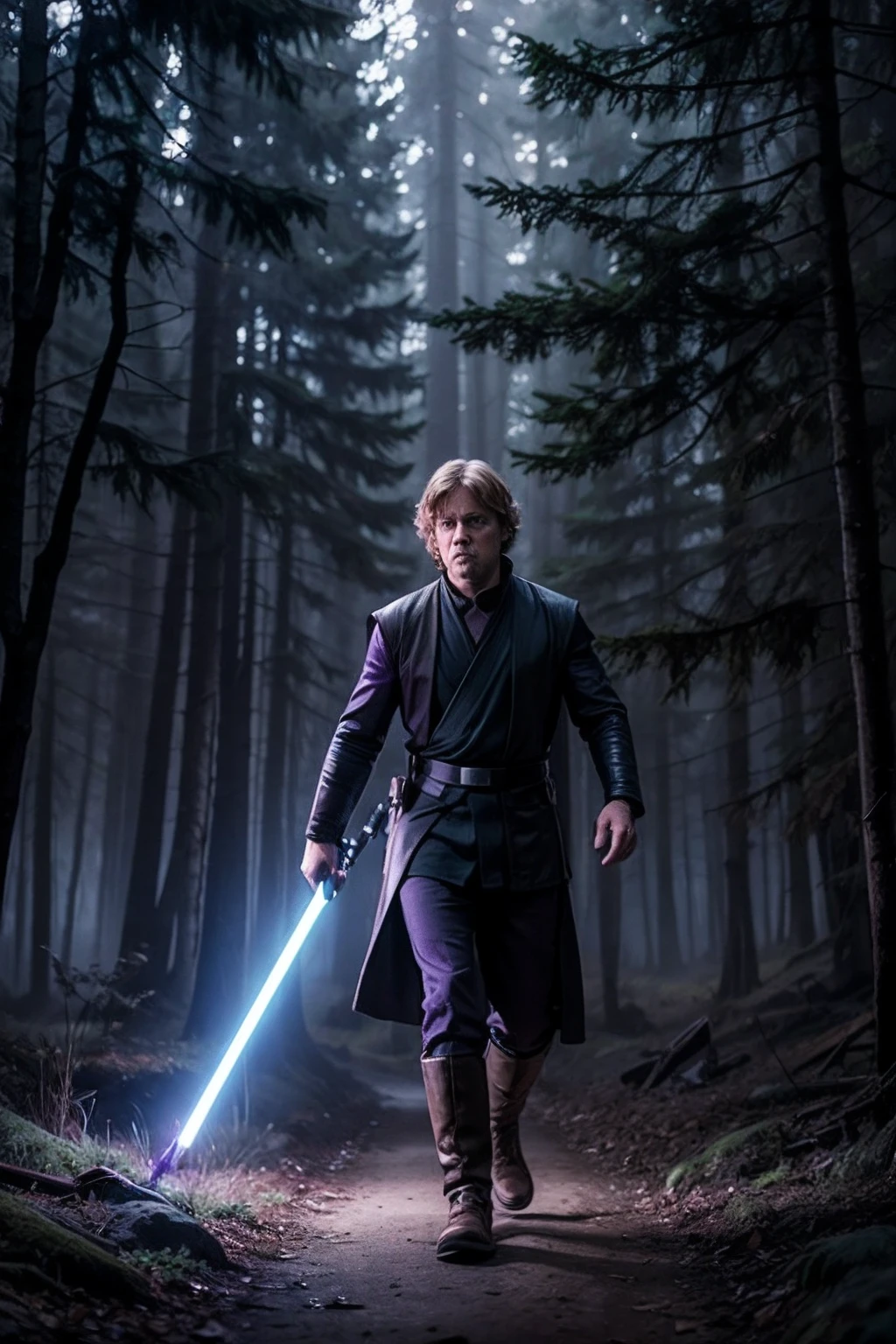 Luke Skywalker in a purple foggy forest with a flashlight in his hand, hyper realistic