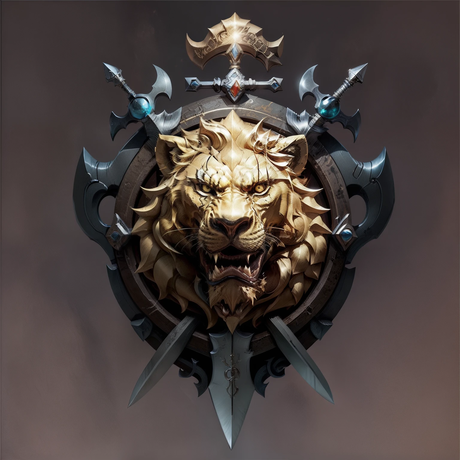 Aplatissement，Simple et clair，Two crossed swords lion emblem in middle ，Clowns，Armoiries rondes hyper realistic super detailed