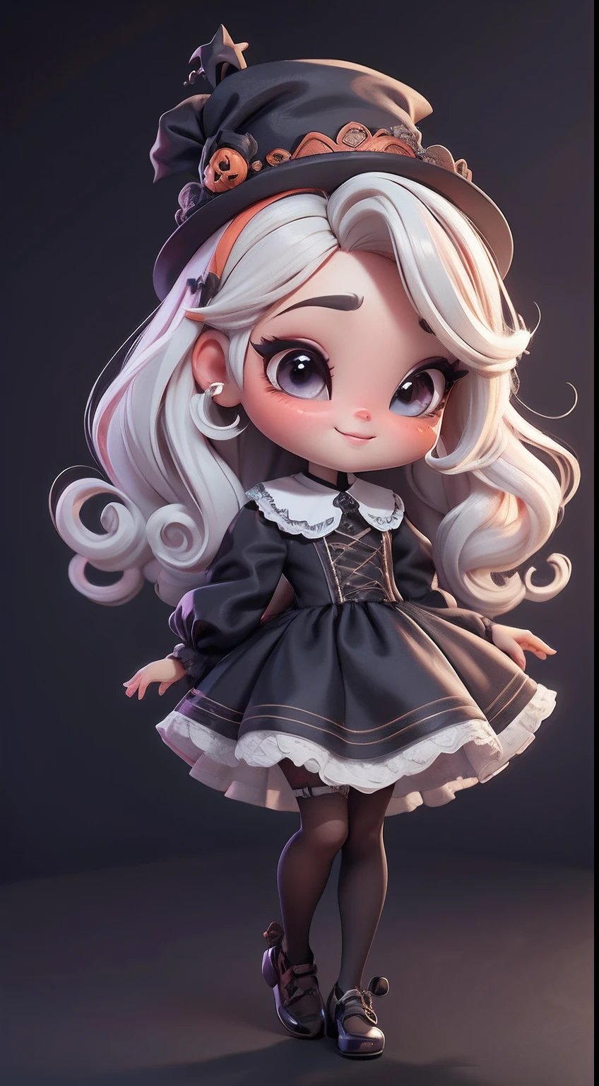 Create a series of cute black chibi style dolls with a cute halloween theme, each with lots of detail and in an 8K resolution. All dolls should follow the same solid background pattern and be complete in the image, mostrando o (corpo inteiro, incluindo as pernas: 1.5)
Boneca Mini halloween: Chame-a de Marina. Ela deve ter cabelo pequeno em tom multicolorido. Seus olhos devem ser grandes e expressivos, with long eyelashes and rosy cheeks. Sorriso delicado e branco. Marina deve estar vestida de vestido, an ornate hat. She must bring halloween accessories. Certifique-se de adicionar detalhes nas roupas, such as buttons and pockets, sapato bonito
Certifique-se de adicionar sombras, texturas e detalhes nos cabelos, roupas, Halloween utensils, to make them even more adorable and charming.