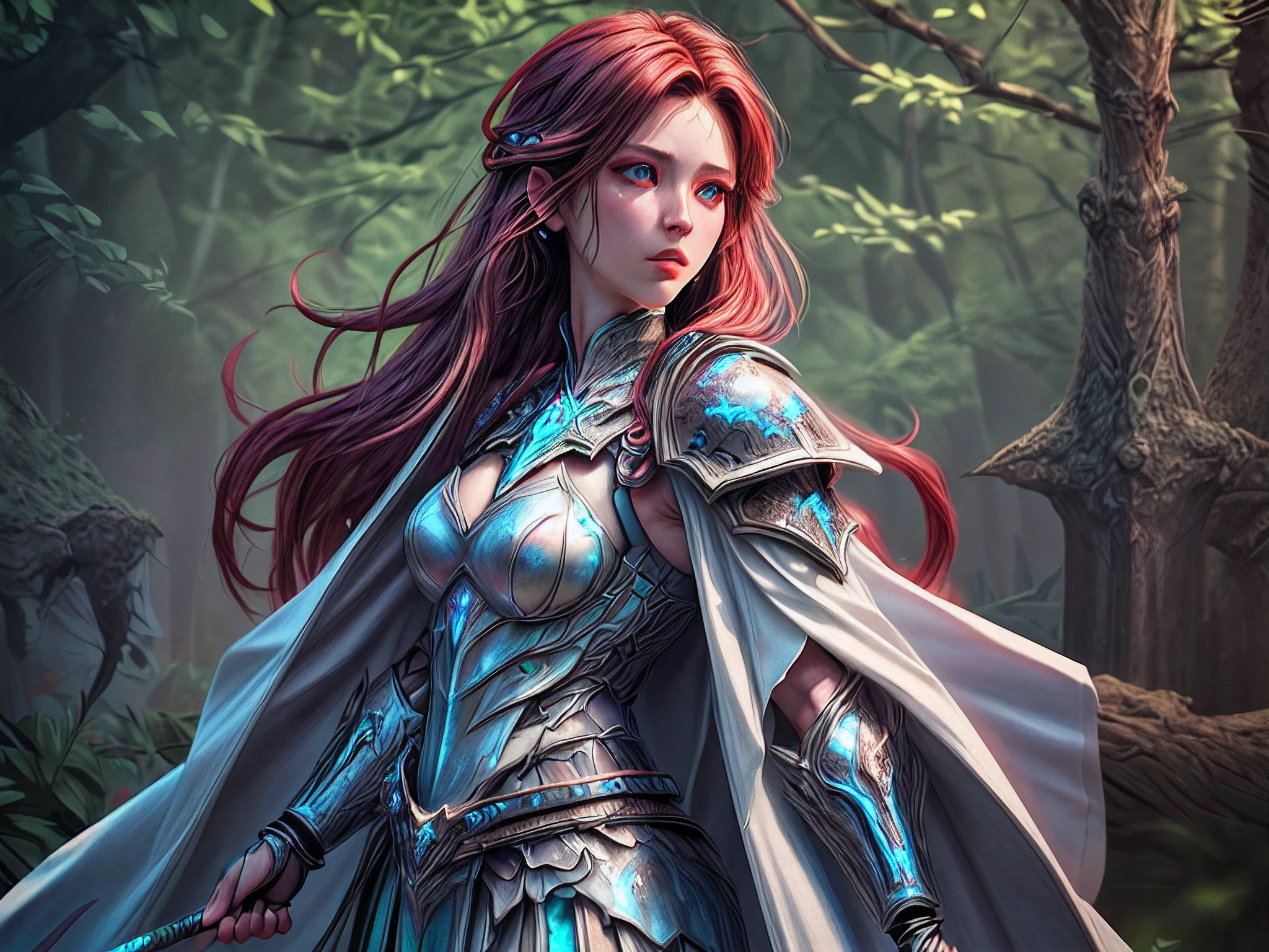 a picture of woman paladin of nature protecting the forest, controlling magical plants, tanjoreai, a woman holy knight, protector of nature, red hair, long hair, full body (best details, Masterpiece, best quality :1.5), ultra detailed face (best details, Masterpiece, best quality :1.5), ultra feminine (best details, Masterpiece, best quality :1.5), red hair, long hair, braided hair, pale skin, blue eyes, intense eyes, wearying heavy armor, white armor (best details, Masterpiece, best quality :1.5), green cloak, flowing cloak, armed with a sword, glowing sword fantasysword sword, fantasy forest background, D&D art, RPG art, magical atmosphere magic-fantasy-forest, ultra best realistic, best details, best quality, 16k, [ultra detailed], masterpiece, best quality, (extremely detailed), ultra wide shot, photorealism, depth of field, hyper realistic painting, 3D rendering