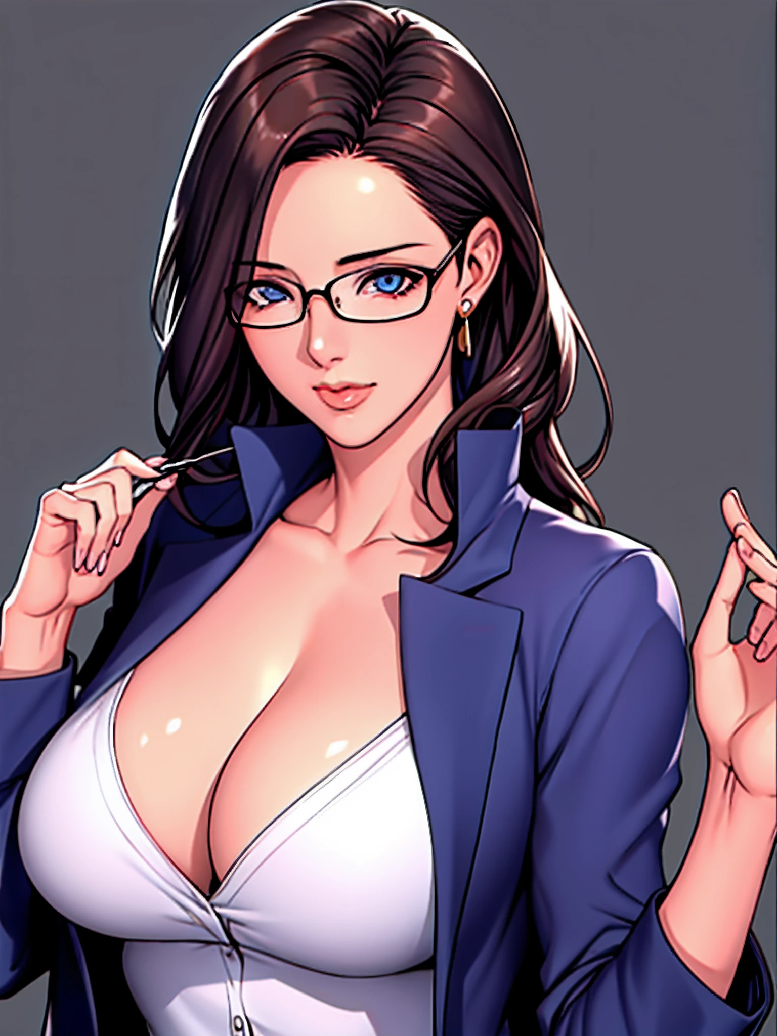1girl, black background, blue eyes, brown hair, cleavage, collarbone, eyewear removed, glasses, hair behind ear, holding, holding eyewear,huge breasts,solo, jacket, jewelry,mature female,shiny,shiny skin,oda non