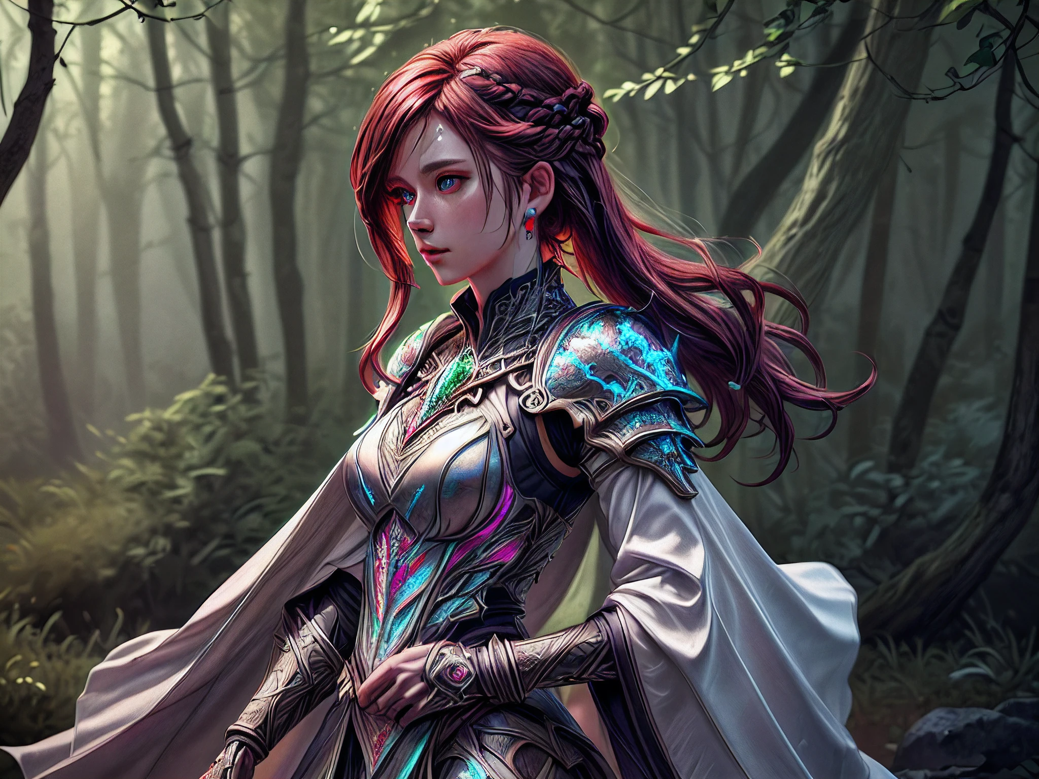 a picture of woman paladin of nature protecting the forest, controlling magical plants, tanjoreai, a woman holy knight, protector of nature, red hair, long hair, full body (best details, Masterpiece, best quality :1.5), ultra detailed face (best details, Masterpiece, best quality :1.5), ultra feminine (best details, Masterpiece, best quality :1.5), red hair, long hair, braided hair, pale skin, blue eyes, intense eyes, wearying heavy armor, white armor (best details, Masterpiece, best quality :1.5), green cloak, flowing cloak, armed with a sword, glowing sword fantasysword sword, fantasy forest background, D&D art, RPG art, magical atmosphere magic-fantasy-forest, ultra best realistic, best details, best quality, 16k, [ultra detailed], masterpiece, best quality, (extremely detailed), ultra wide shot, photorealism, depth of field, hyper realistic painting, 3D rendering