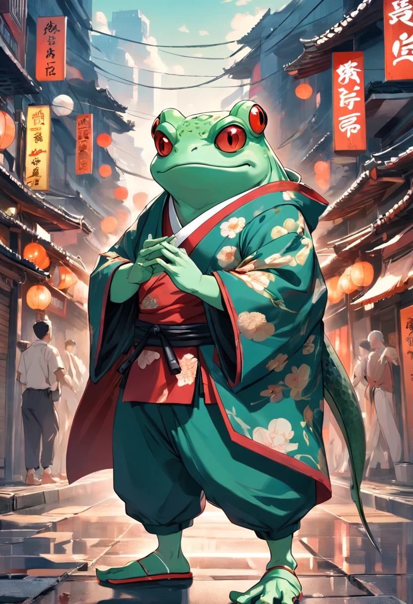 ((foto crua)), ((obra-prima)), Anthropomorphic humanoid frog wearing kimono, capuz, Pants, caminhando furiosamente entre as pessoas, detalhe intrincado, intricate Greebles pieces, city behind, corpo musculoso, muscular arms, small head, Ogro monstruoso, Titan, sneaker, soft-lighting, 32k, Hiper realista, The background details are exquisite，The scene is surreal，Create a charming graphic style