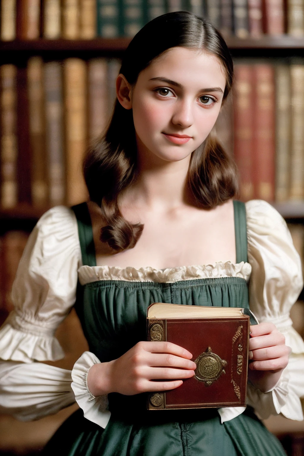 (Um closeup de um, Editorial photo of a beautiful slender -yeld giin the library of an 18th-century palace holding a book in a vintage dress), (Serious:0.5) (rosto altamente detalhado:1.4), Nikon D850 | | |, filme fotografia de stock ,4 Kodak Portra 400 ,camera f1.6 lentes ,cores saturadas ,hyper realistic ,Textura realista, lighting dramatic , cinestill 800, 19th century Regency style, noite, Vintage lighting, cabelos curtos ondulados