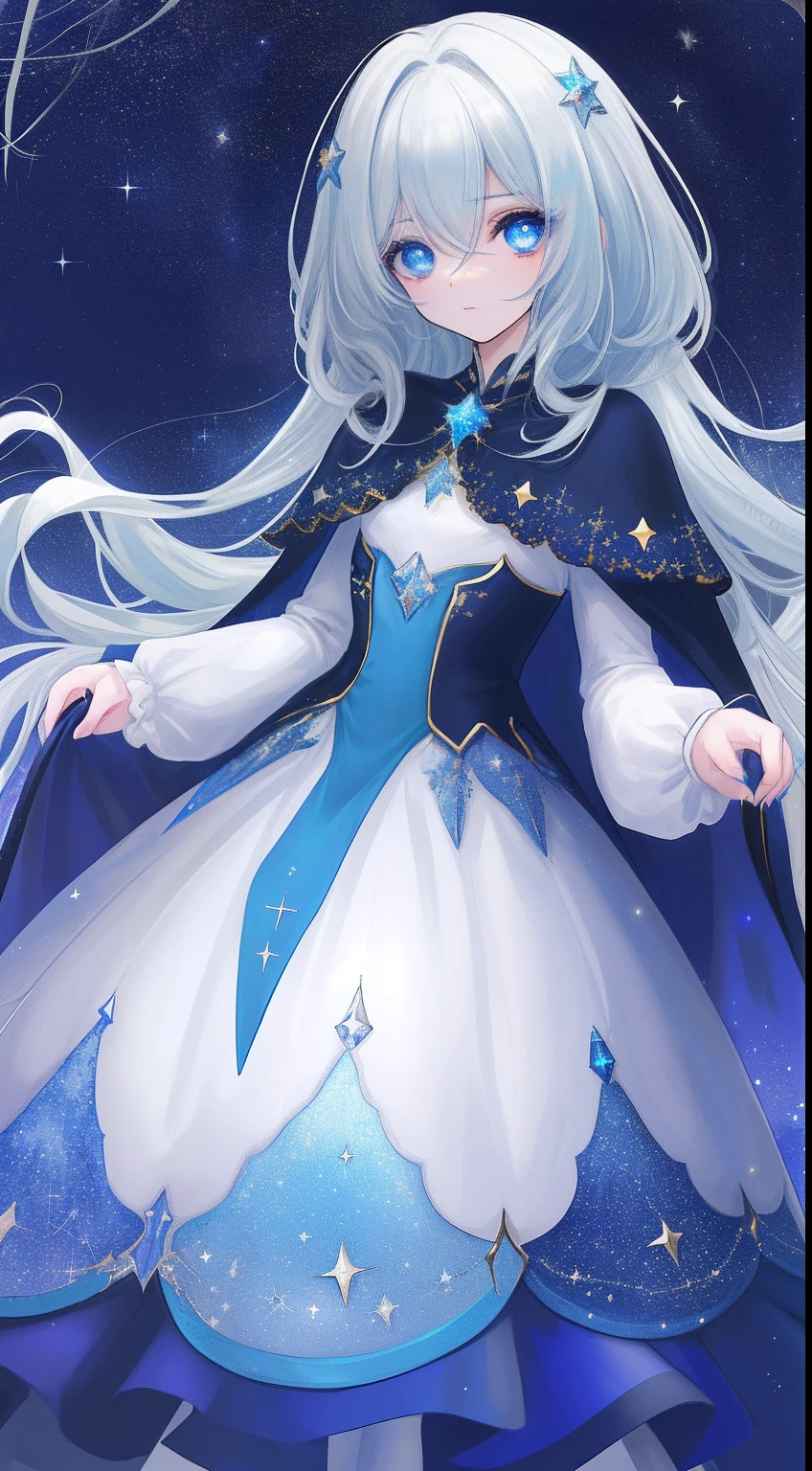 Estelarina tem cabelos longos e loiros que brilham como se fossem feitos de estrelas. His eyes are the color of the night sky, com pequenas estrelas cintilantes. Ela veste um traje com tons de azul-escuro e prata, decorated with twinkling stars and a cape reminiscent of a starry sky.