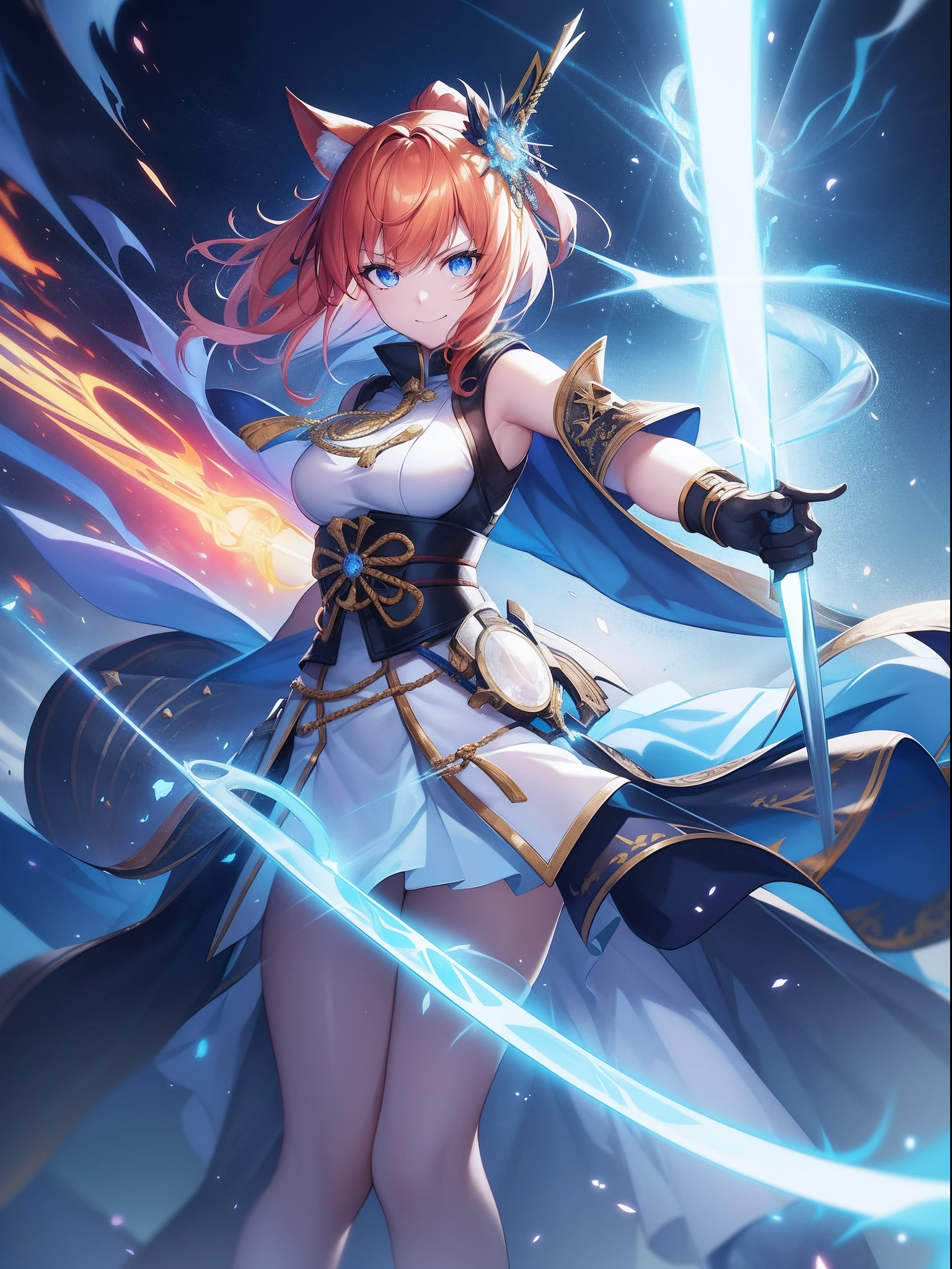 Imaginary, Face Focus, sanpaku, Half closed eyes,smiling mischievously, A look that came up with a bad thing,Cat's ears,Her hair is orange、Short hairstyle, ,Her skin is pale, A rainbow and a spiral of light enveloped me like a snake in an interstellar wind,holding samurai sword,dual-wielding,Unleash the Blade of Light,Breasts are a great cutting board,She smiles mischievously, She has a gun in the middle, Highest Quality, Carry a blue cloak with war maiden decorations,Raise the railgun, ((sanpaku))((Proud)), 8 Blue Light Sword,Blade of Light,Lens Flare, Big rainbow,The moon shines,Star chips, bloom, ((light glow)), chromatic abberation], Digital Painting,the complex background,Complex scenery, Insane details, Intricate details, Beautifully color graded, Unreal Engine, Cinematic , colour grading, Editorial Photography , Photography, Photo Shot, Shot on 70mm lens, depth of fields, degrees of freedom, Tilt Blur, Shutter Speed 1/1000, h/22