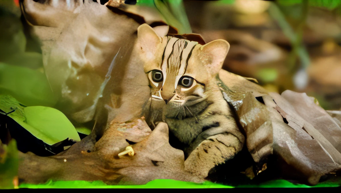 There is a small cat sitting on the ground, margay, Cat in the forest, Sand Cat, tabaxi male, Cutest, SLR, ohwx, tabaxi, mischievous look, Endangered, cute animal, ( visually stunning, cuteness, ohwx, catss, Very cute, a cute little cat, Cat, amazingly detail, A kitten