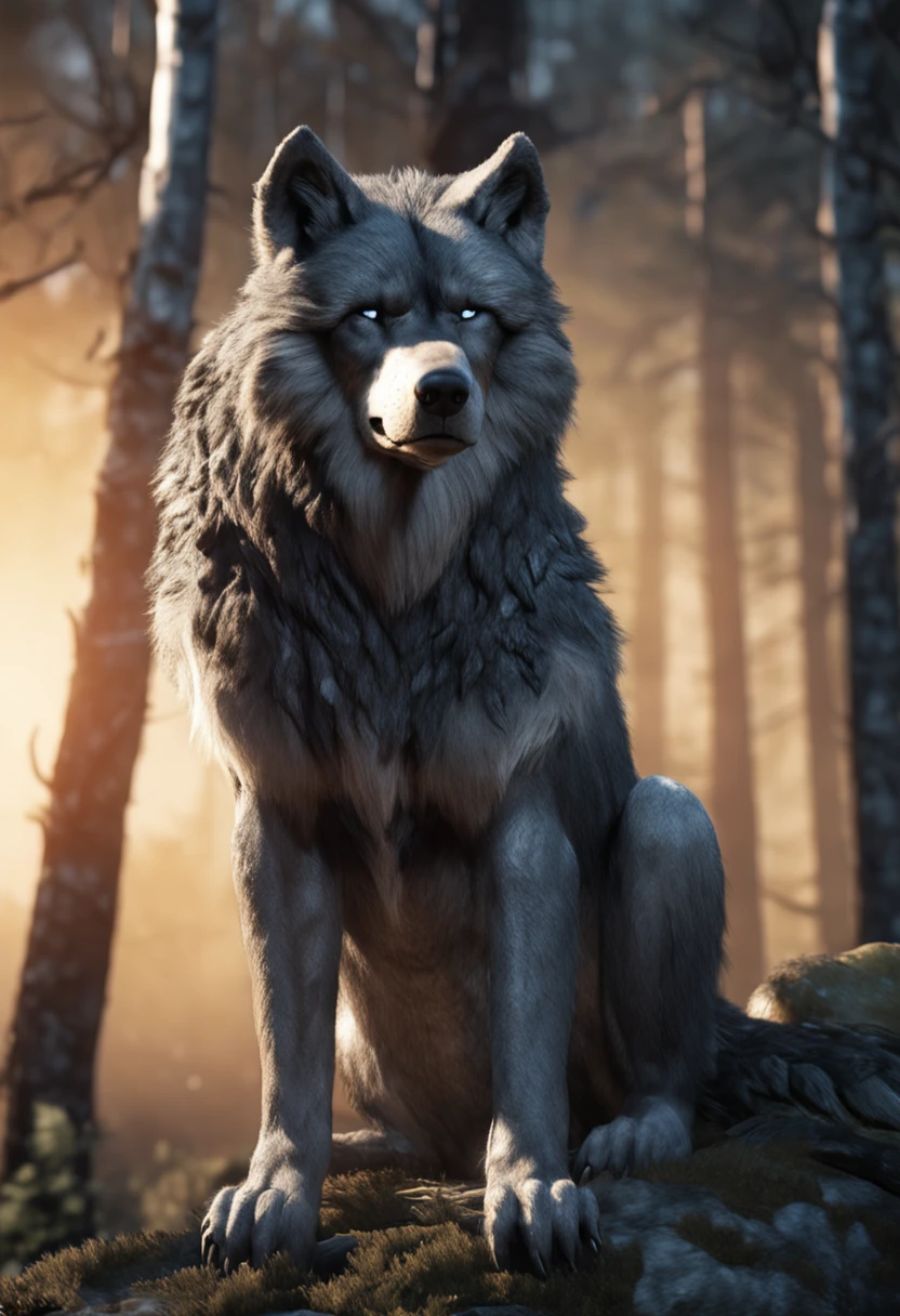 4k, high resolution, masterpiece quality, exquisite color depth, balanced shadows, evocative lighting, featured on e621, (by Chunie), anthro, anthro art, ((portrait)), male wolf, silver-gray fur with dark undertones, (textured fur detail), (macro height:1.5), hulking and muscular build, impressive physique, striking amber eyes, (lustful gaze:1.2), massive shoulders and biceps, ((naked)), (hyper :2), (shooting excessive cum:1.2), humping tree, tribal pendant swinging against broad chest, (weathered and rugged look), ((posing in a dense forest setting)), sun rays filtering through tall pine trees, (ambient twilight glow), detailed fur, detailed face with prominent canines, proud and powerful stance, (sitting down), bushy tail expressing alertness, (background: whispering leaves, ancient stones, and mossy logs).