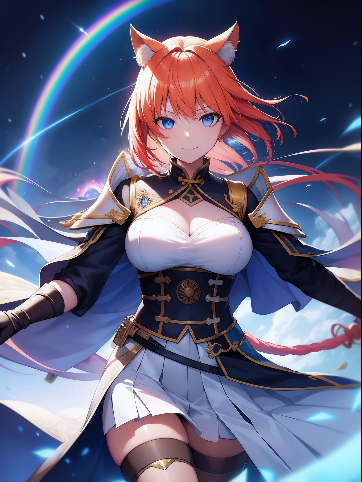 Imaginary, Face Focus, sanpaku, Half closed eyes,smiling mischievously, A look that came up with a bad thing,Cat's ears,Her hair is orange、Short hairstyle, ,Her skin is pale, A rainbow and a spiral of light enveloped me like a snake in an interstellar wind,holding samurai sword,dual-wielding,Unleash the Blade of Light,Breasts are a great cutting board,She smiles mischievously, She has a gun in the middle, Highest Quality, Carry a blue cloak with war maiden decorations,Raise the railgun, ((sanpaku))((Proud)), 8 Blue Light Sword,Blade of Light,Lens Flare, Big rainbow,The moon shines,Star chips, bloom, ((light glow)), chromatic abberation], Digital Painting,the complex background,Complex scenery, Insane details, Intricate details, Beautifully color graded, Unreal Engine, Cinematic , colour grading, Editorial Photography , Photography, Photo Shot, Shot on 70mm lens, depth of fields, degrees of freedom, Tilt Blur, Shutter Speed 1/1000, h/22