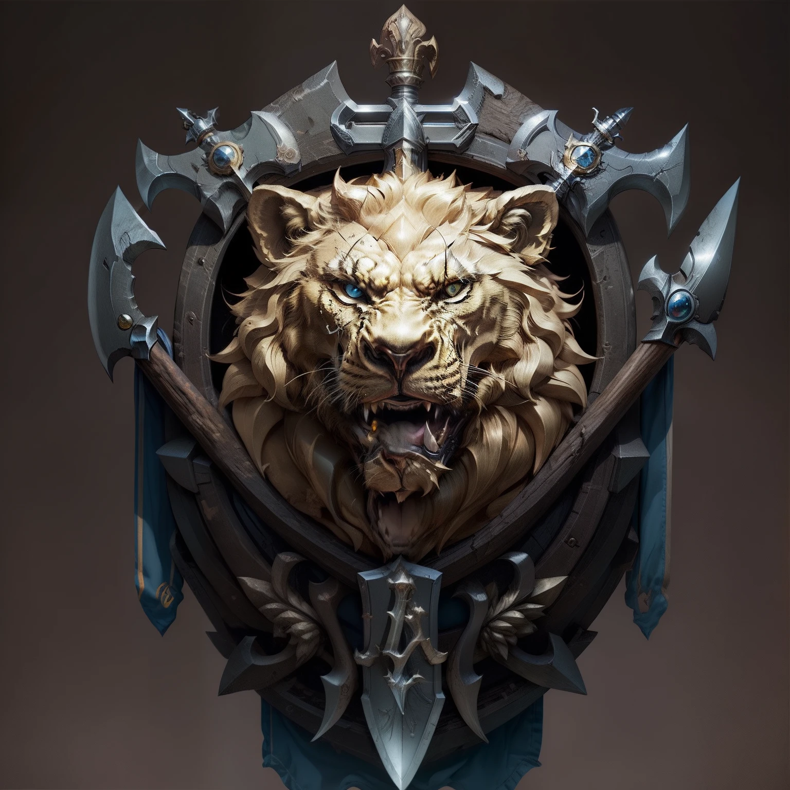 Aplatissement，Simple et clair，Two crossed swords lion super detailed hyper realistic emblem in middle ，Clowns，Armoiries rondes hyper realistic super detailed