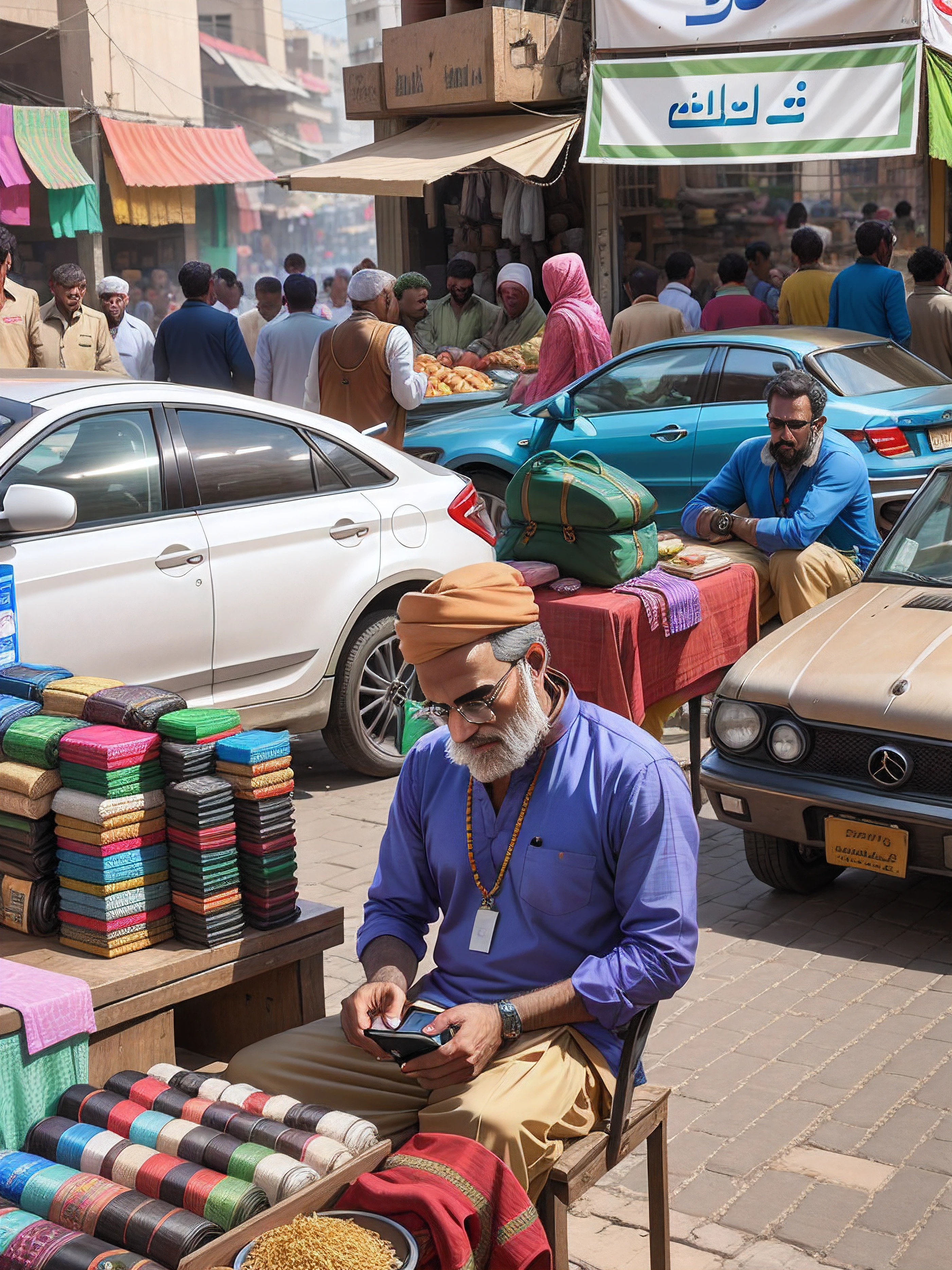 there is a man sitting at a table wearing pakistani traditional clothes with many items on it, selling his wares, Karachi city street, old karachi city street, looking at his phone, shot on sony a 7 iii, inside a karachi market bazaar, taken on iphone 14 pro, in the middle of the city, captured on iphone, shot on nikon z9, pexels, busy street