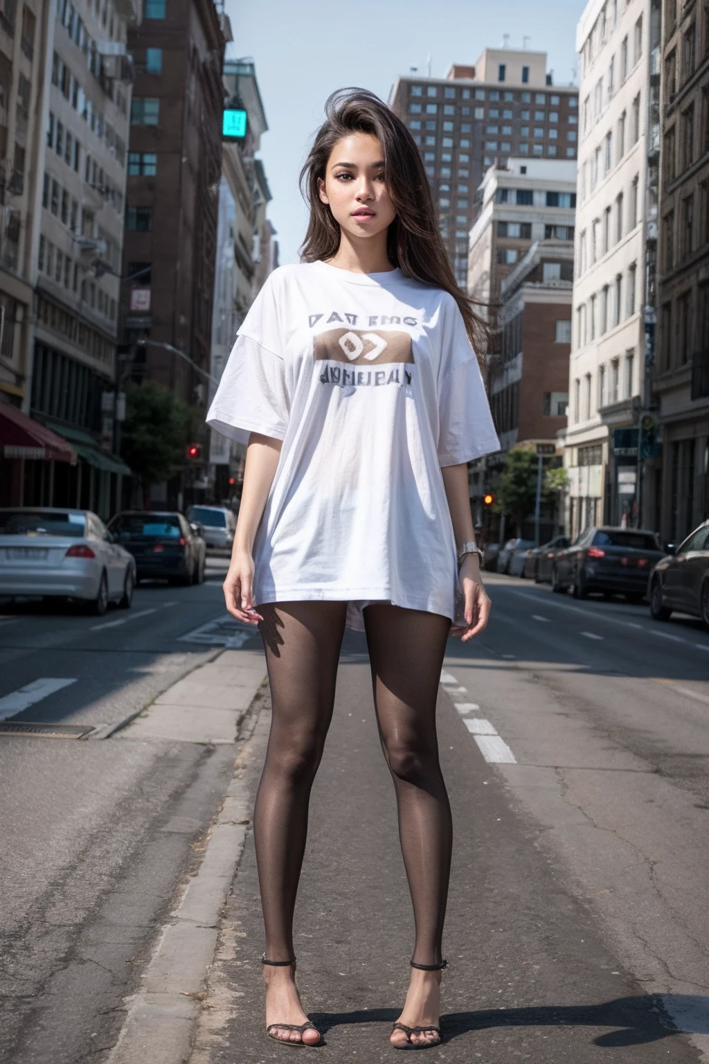 show entire body, feet in view, realistic, gorgeous 16y.o. light skinned mixed race female, oversized t-shirt, tan pantyhose, cityscape, no shoes