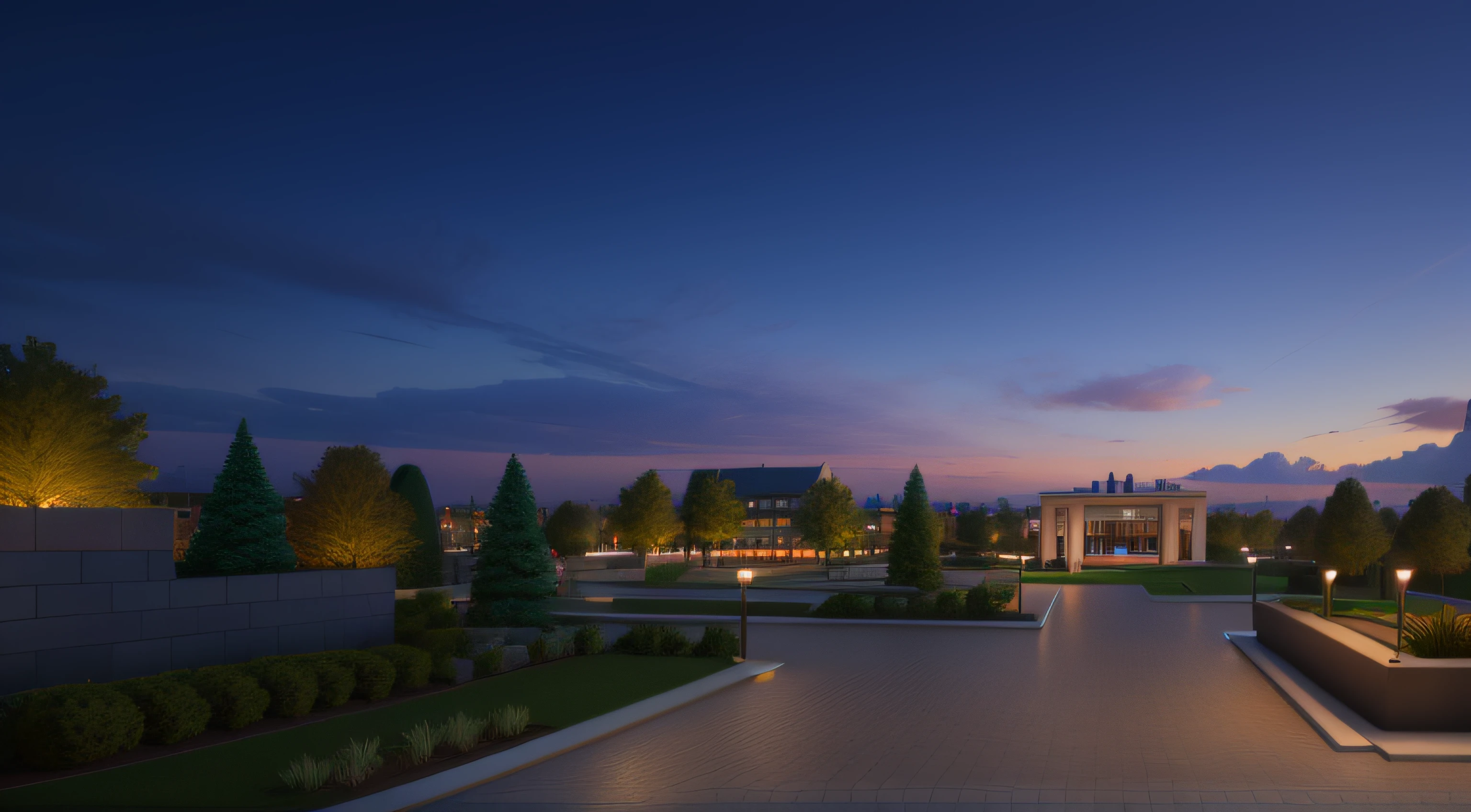 There is a walkway leading to the white-roofed building, highly photographic render, photographic render, landscape perspective, Rendered in Lumion Pro, Detailed rendering, lumion render, archviz, enscape render, highly detailed render, detailed render, fully detailed render, lumion rendering, photoreal render, professional render, A digital rendering, Photorealistic rendering,Two-dimensional sky,Two-dimensional night view,Park lighting,