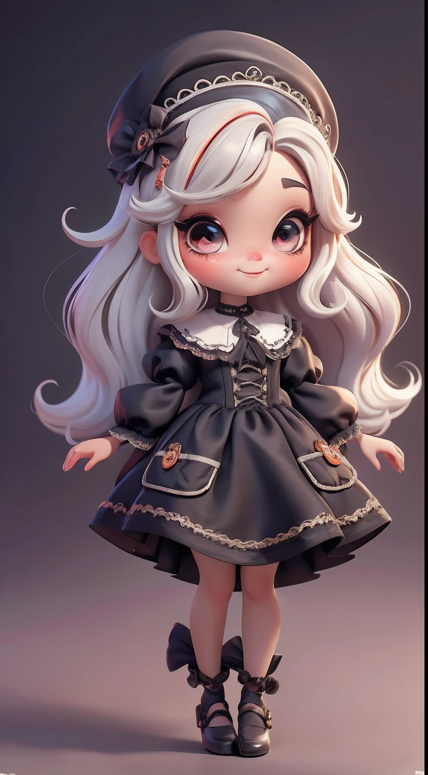 Create a series of cute black chibi style dolls with a cute halloween theme, each with lots of detail and in an 8K resolution. All dolls should follow the same solid background pattern and be complete in the image, mostrando o (corpo inteiro, incluindo as pernas: 1.5)

Boneca Mini halloween: Chame-a de Marina. Ela deve ter cabelo pequeno em tom multicolorido. Seus olhos devem ser grandes e expressivos, with long eyelashes and rosy cheeks. Sorriso delicado e branco. Marina deve estar vestida de vestido, an ornate hat. She should bring halloween accessories. Certifique-se de adicionar detalhes nas roupas, such as buttons and pockets, sapato bonito

Certifique-se de adicionar sombras, texturas e detalhes nos cabelos, roupas, Halloween utensils, to make them even more adorable and charming.