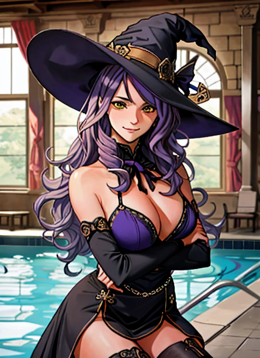 ((best quality)), ((highly detailed)), masterpiece, extremely detailed face, beautiful face, (detailed eyes, deep eyes), (1girl),  cowboy shot, Blair (Soul Eater), yellow eyes, long hair,  purple hair, curls, large breasts, smile, paw pose, Blair's hat, witch hat, black dress, detached sleeves, thigh boots, neck bell, (inside, at an indoor pool), oda non