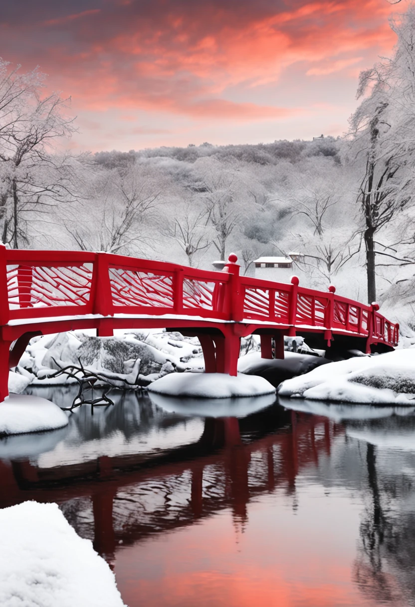 em formato desenho anime, arvores de laranjeiras rosas, inverno com muita neve, Beautiful botanical garden with a red bridge that passes over a frozen lake towards a Japanese-style wooden solarium, no solarium de madeira um casal adimira a beleza do lago comgelado
