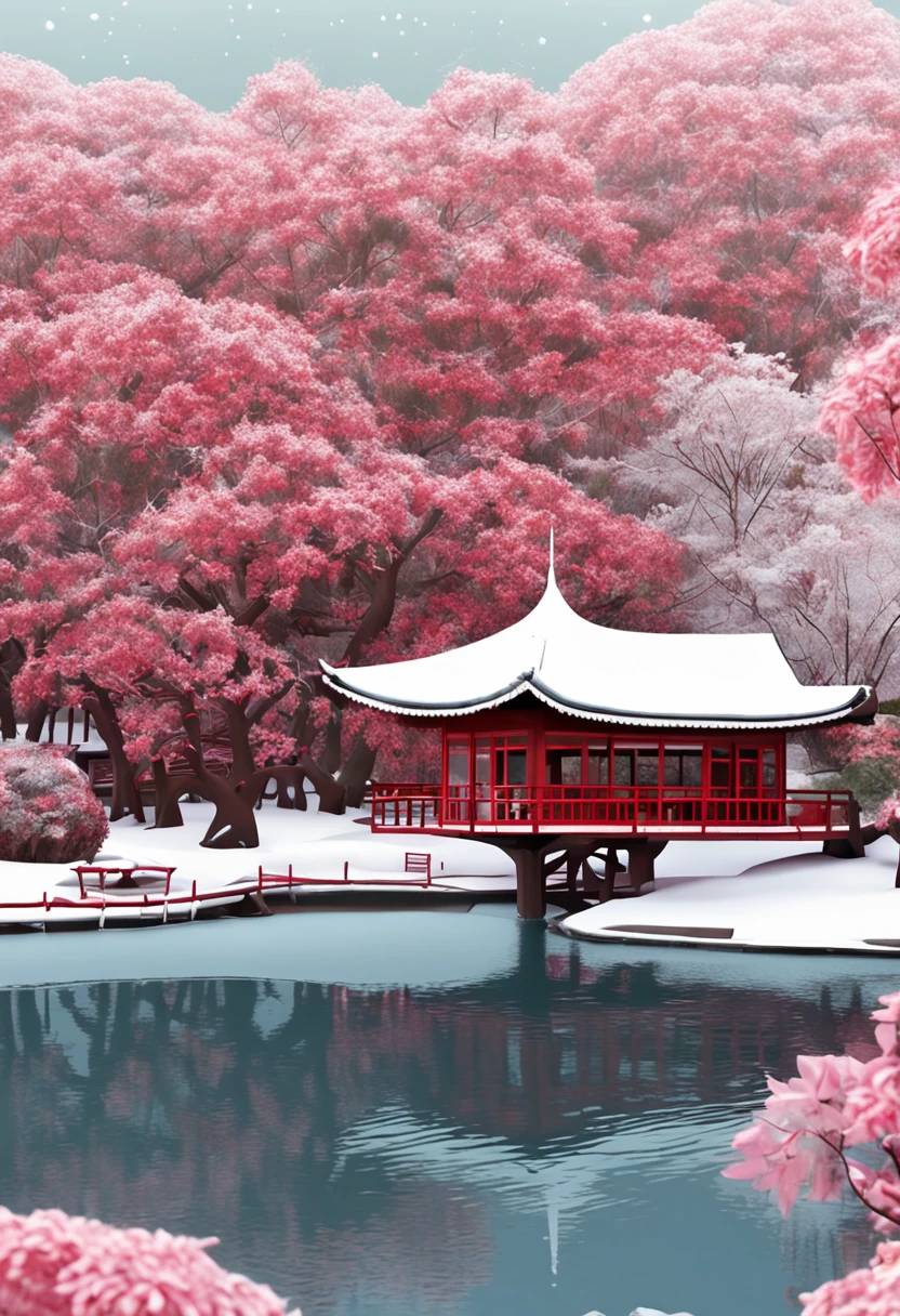 em formato desenho anime, arvores de laranjeiras rosas, inverno com muita neve, Beautiful botanical garden with a red bridge that passes over a frozen lake towards a Japanese-style wooden solarium, no solarium de madeira um casal adimira a beleza do lago comgelado
