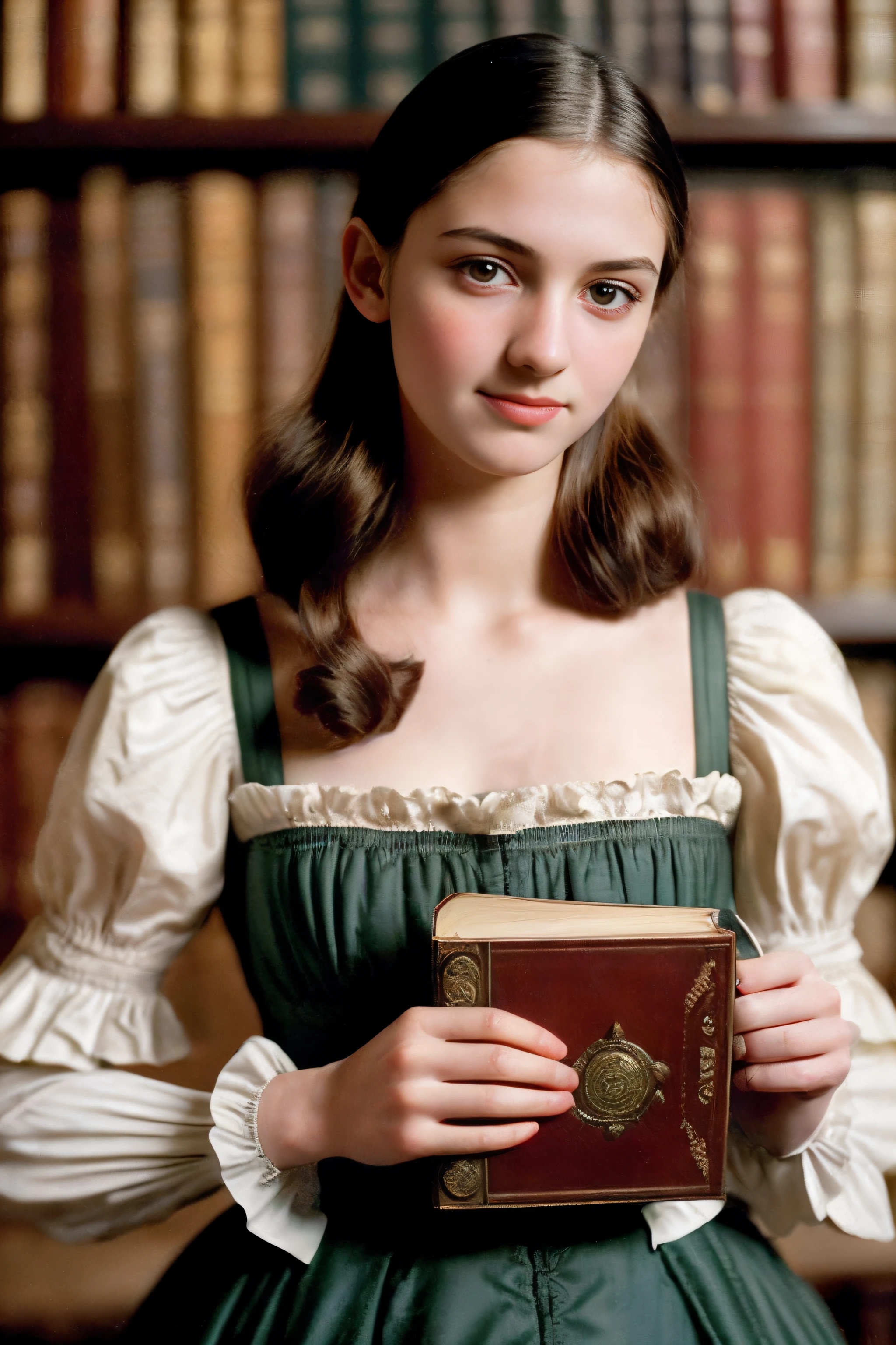 (Um closeup de um, Editorial photo of a beautiful slender 16-year-old girl in the library of an 18th-century palace holding a book in a vintage dress), (Serious:0.5) (rosto altamente detalhado:1.4), Nikon D850 | | |, filme fotografia de stock ,4 Kodak Portra 400 ,camera f1.6 lentes ,cores saturadas ,hyper realistic ,Textura realista, lighting dramatic , cinestill 800, 19th century Regency style, noite, Vintage lighting, cabelos curtos ondulados