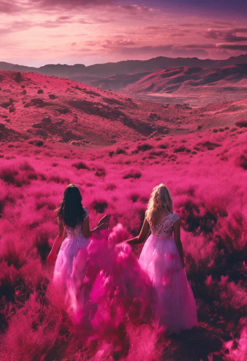 dos mujeres con pelos rosas camisas rojas y faldas negras mirando a una noche estrellada sentadas en el pasto