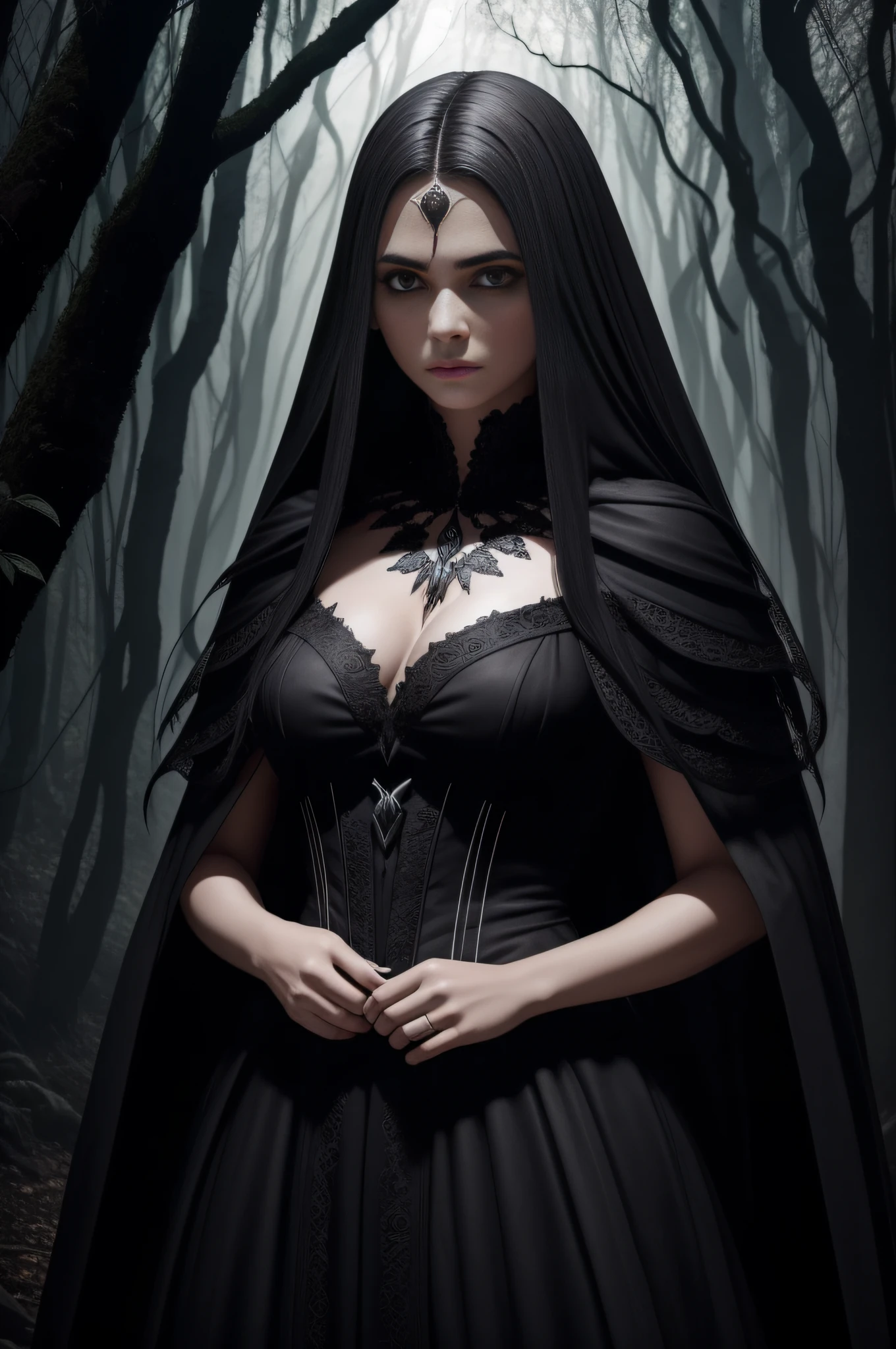 Robe noire démoniaque inspire par Lilith , avec des longues voiles en satin, volumineuse et majestueuse